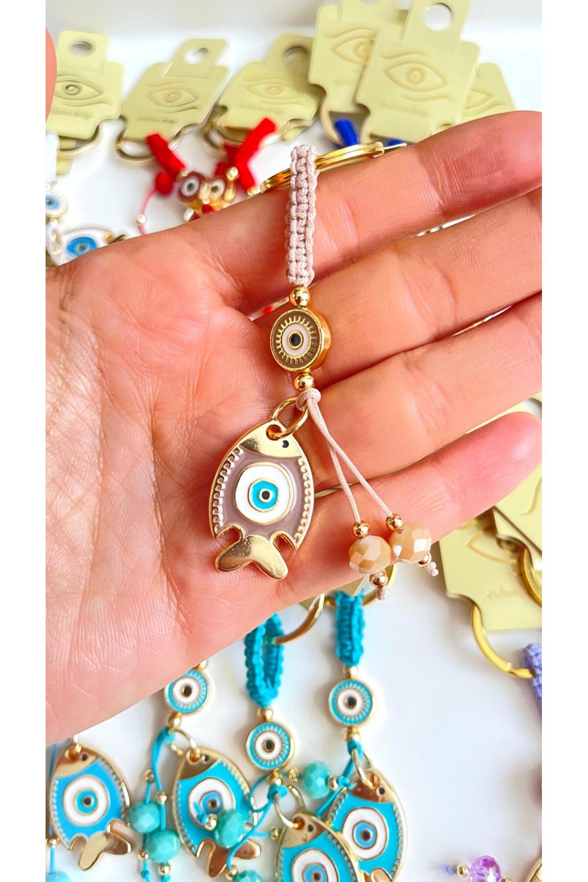 Ivy Gold-Plated Evil Eye Keychain - Beige Fish Design