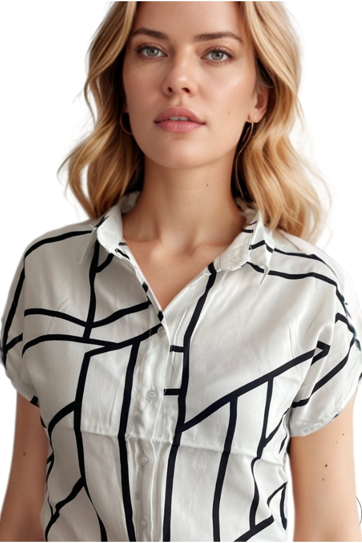 Charlotte Women's Short Sleeve Batwing Shirt - White and Black Geometric Print