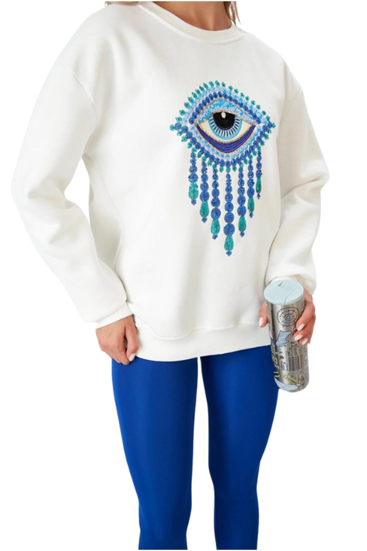 Ava Women's Cotton Embellished Evil Eye Sweatshirt - White