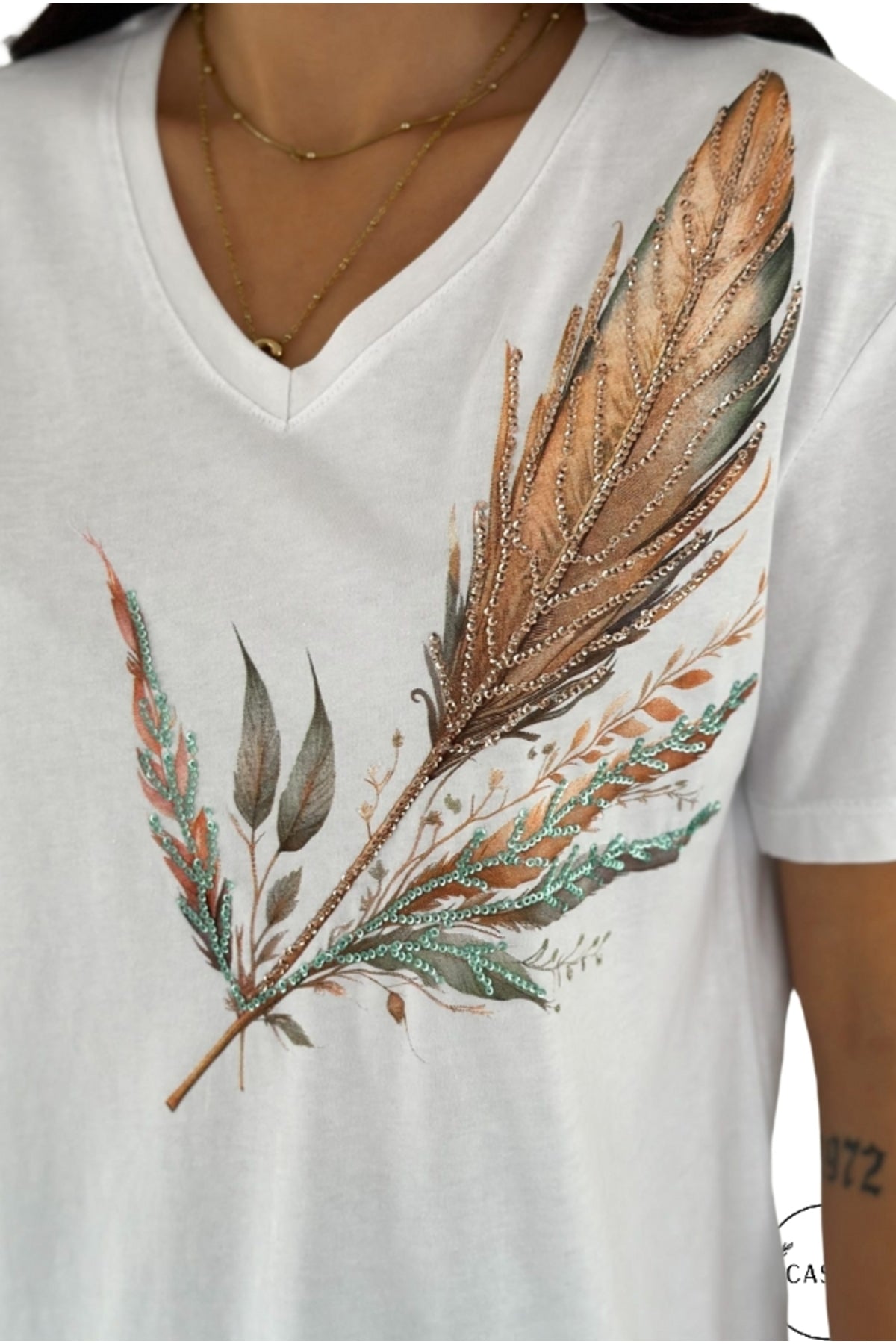 Olivia Women's Plus Size Embellished V-Neck T-Shirt - White with Leaf Shoulder Sequins