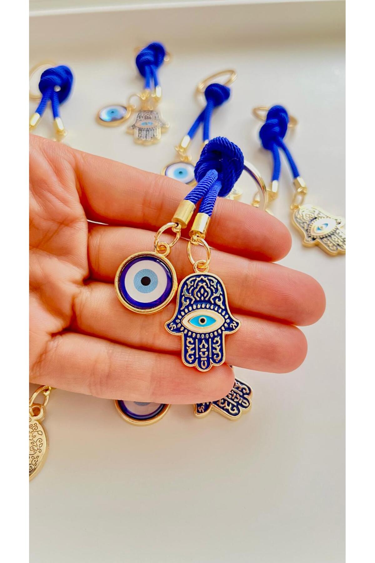Rose Evil Eye Cord Keychain - Navy and Gold Hamsa Design