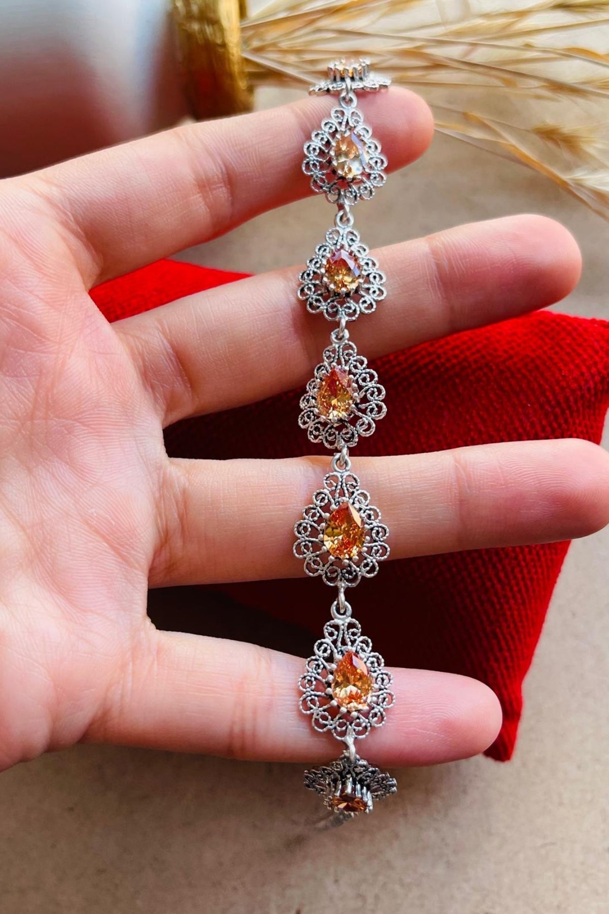 Brooke Seven-Stone Filigree Silver Bracelet - Yellow Rhinestone