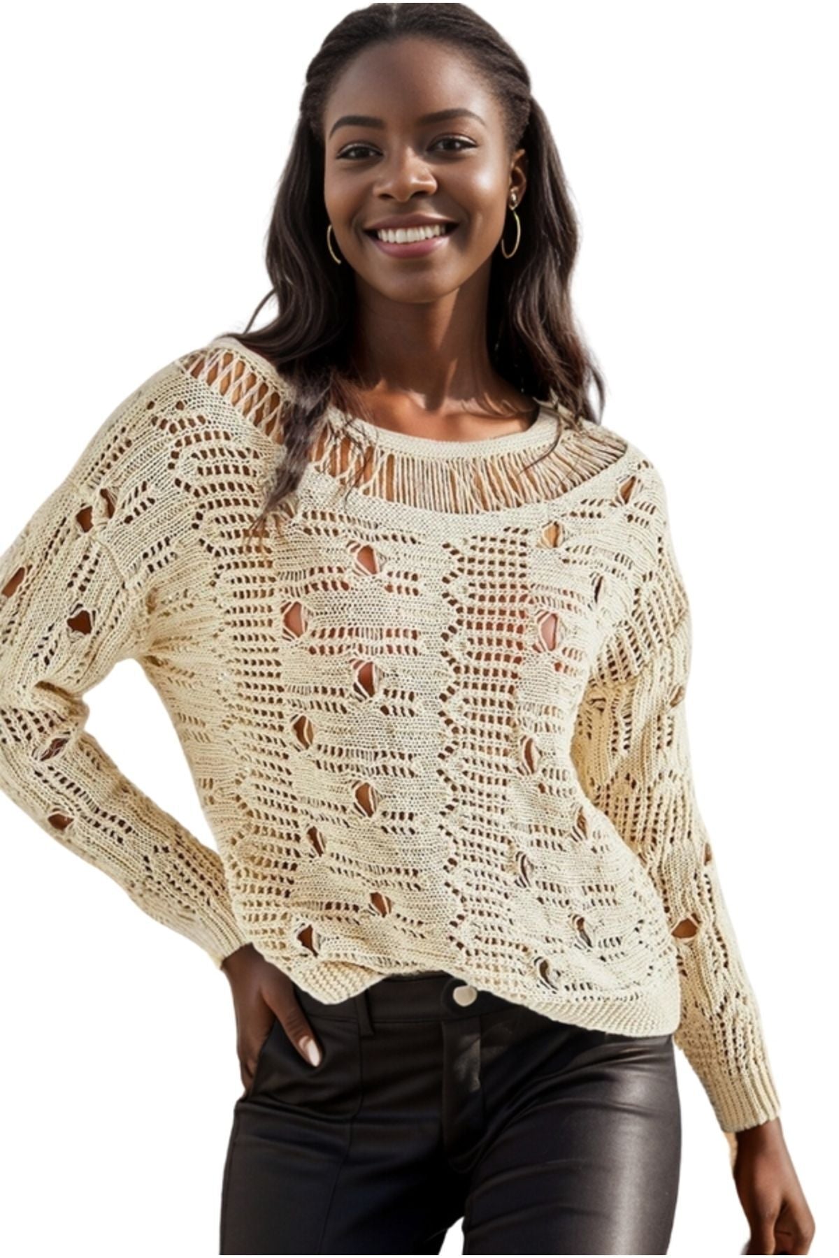 Annabelle Women's Openwork Knit Sweater - Beige