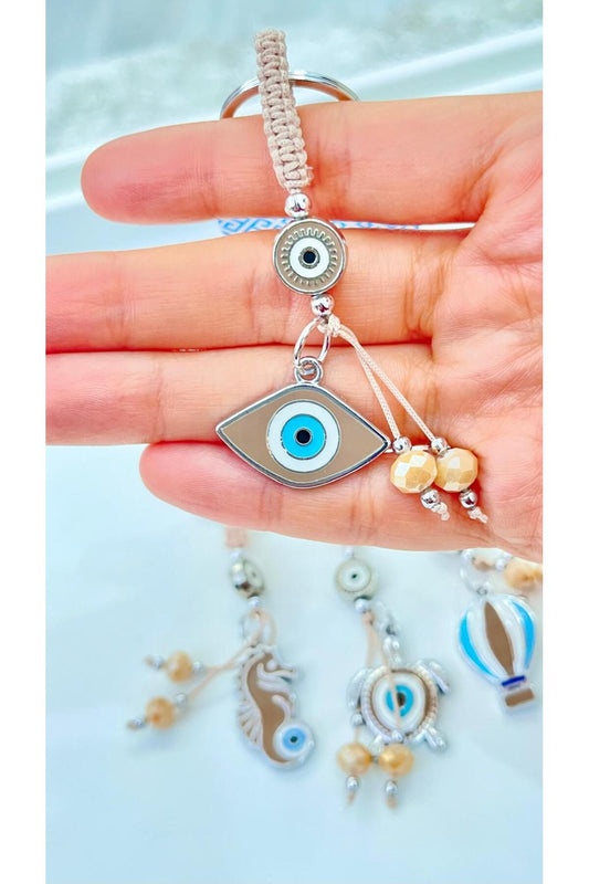 Abigail Silver-Plated Evil Eye Keychain - Beige Oval Evil Eye Pattern