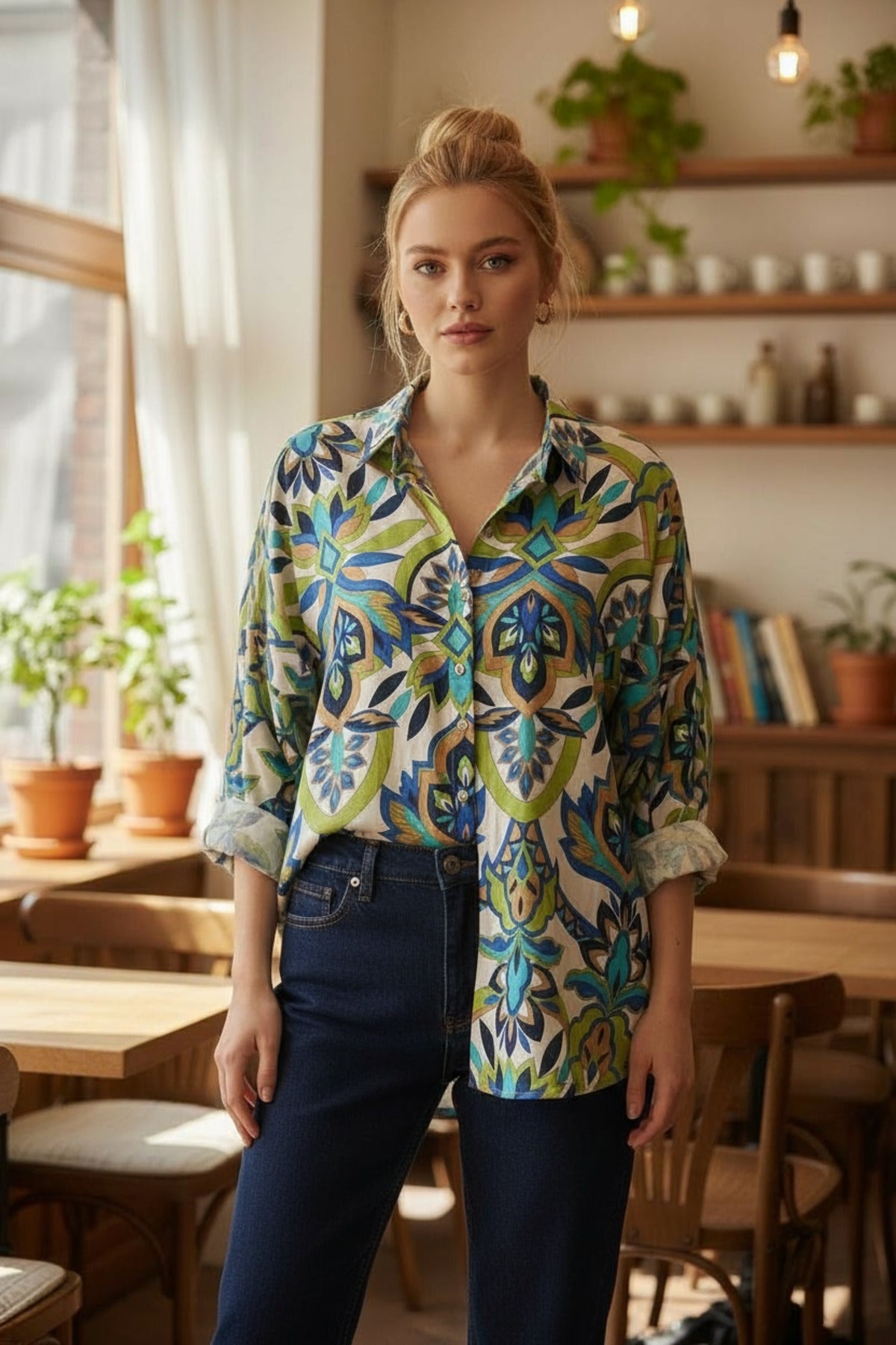 Emilia Women's Linen-Viscose Blend Oversized Printed Shirt - Blue and Cream Green