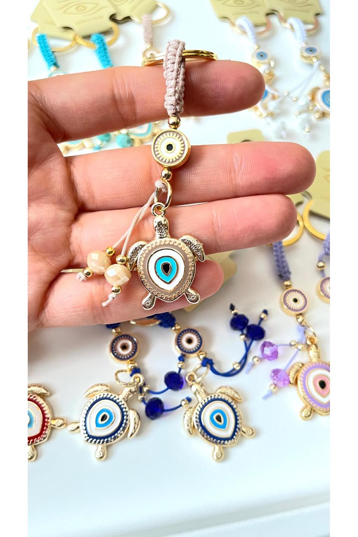 Ivy Gold-Plated Evil Eye Keychain - Beige Turtle Design