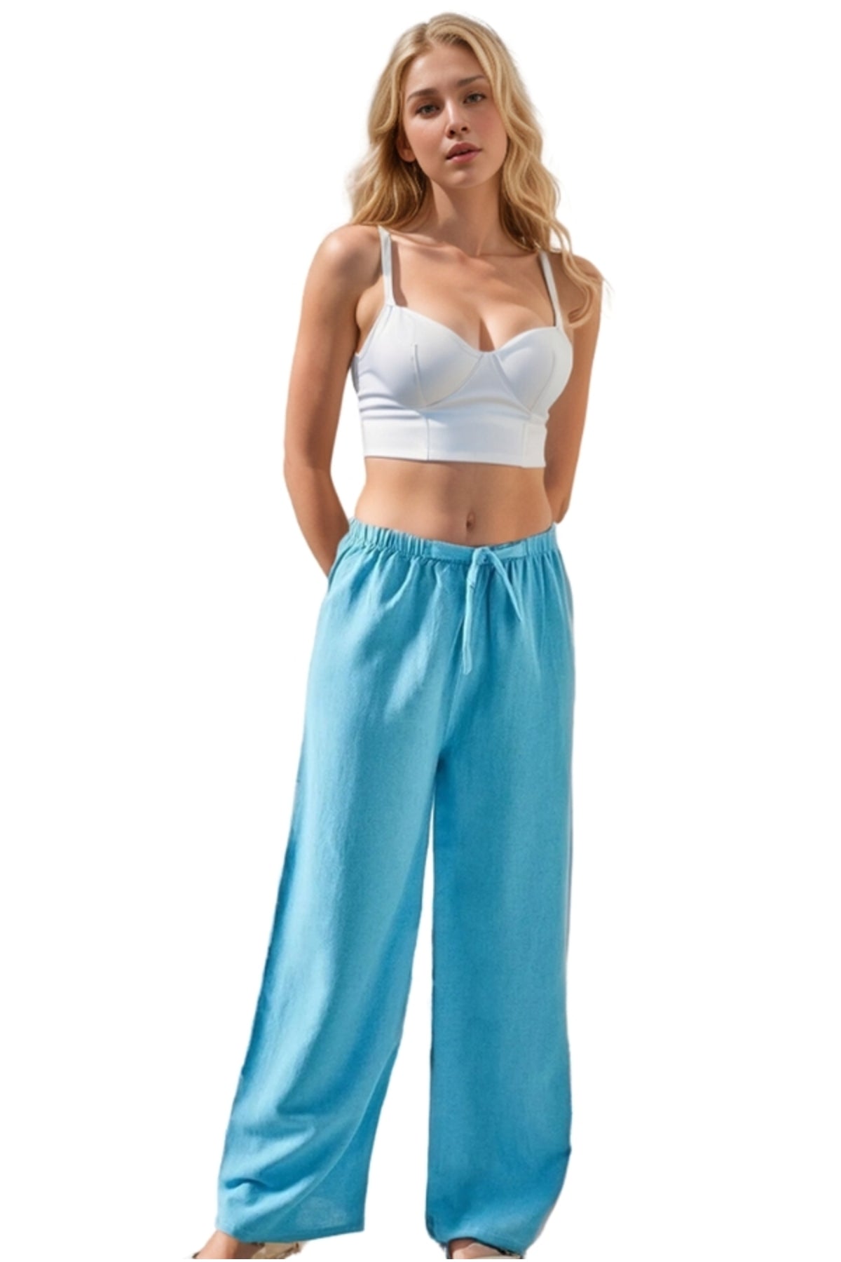 Lucy Women's Linen Blend Wide Leg Palazzo Pants - Turquoise