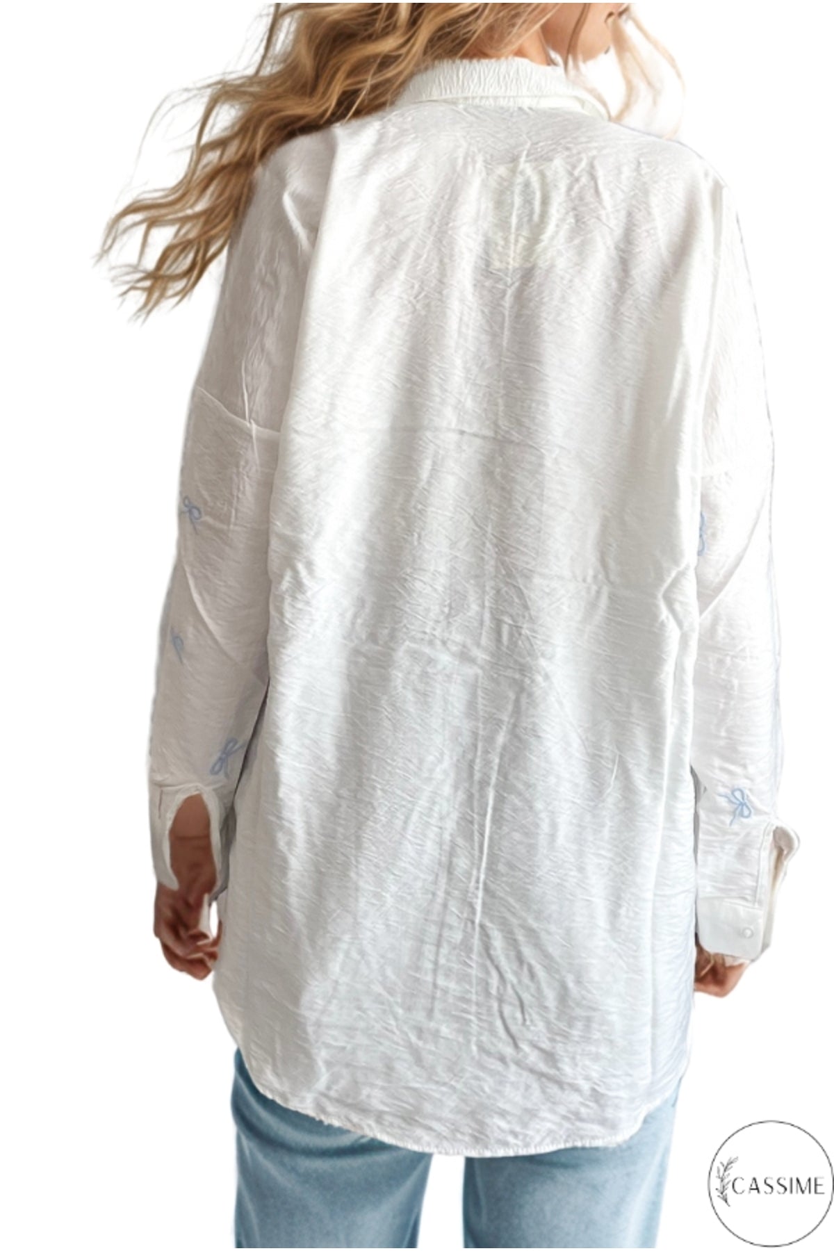 Delilah Women's Cotton Oversized Embellished Long Sleeve Shirt - White with Blue Ribbon Detail