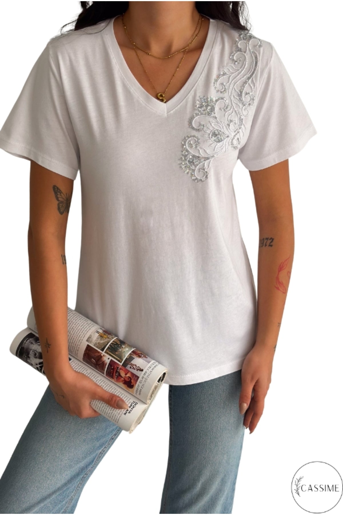 Emma Women's Cotton Embellished T-Shirt - White with Floral Shoulder Detail