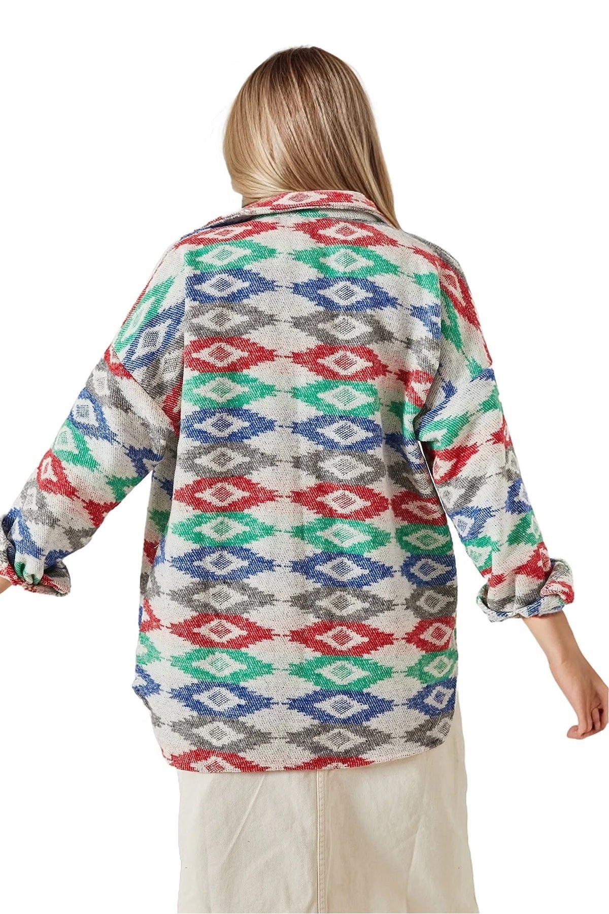 Ellen Women's Boho Print Button-Up Shacket - Blue and Green Red Print