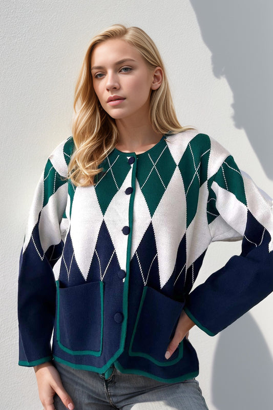 Sienna Women's Argyle Button-Up Cardigan - Green and Navy