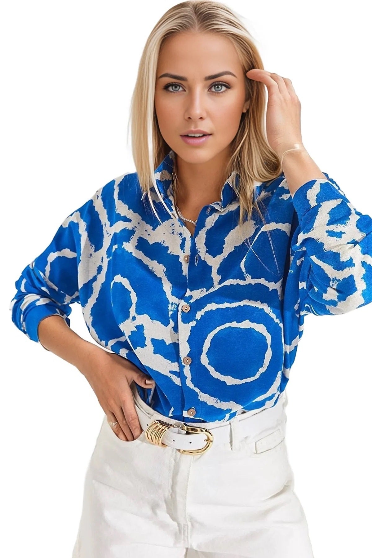 Emilia Women's Linen-Viscose Blend Oversized Printed Shirt - Blue Ring Pattern