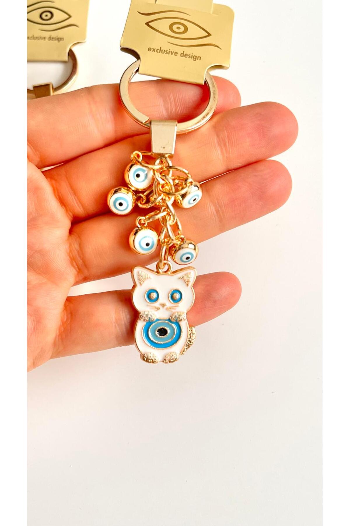 Madeleine Dangling Evil Eye Keychain - White Cat Evil Eye