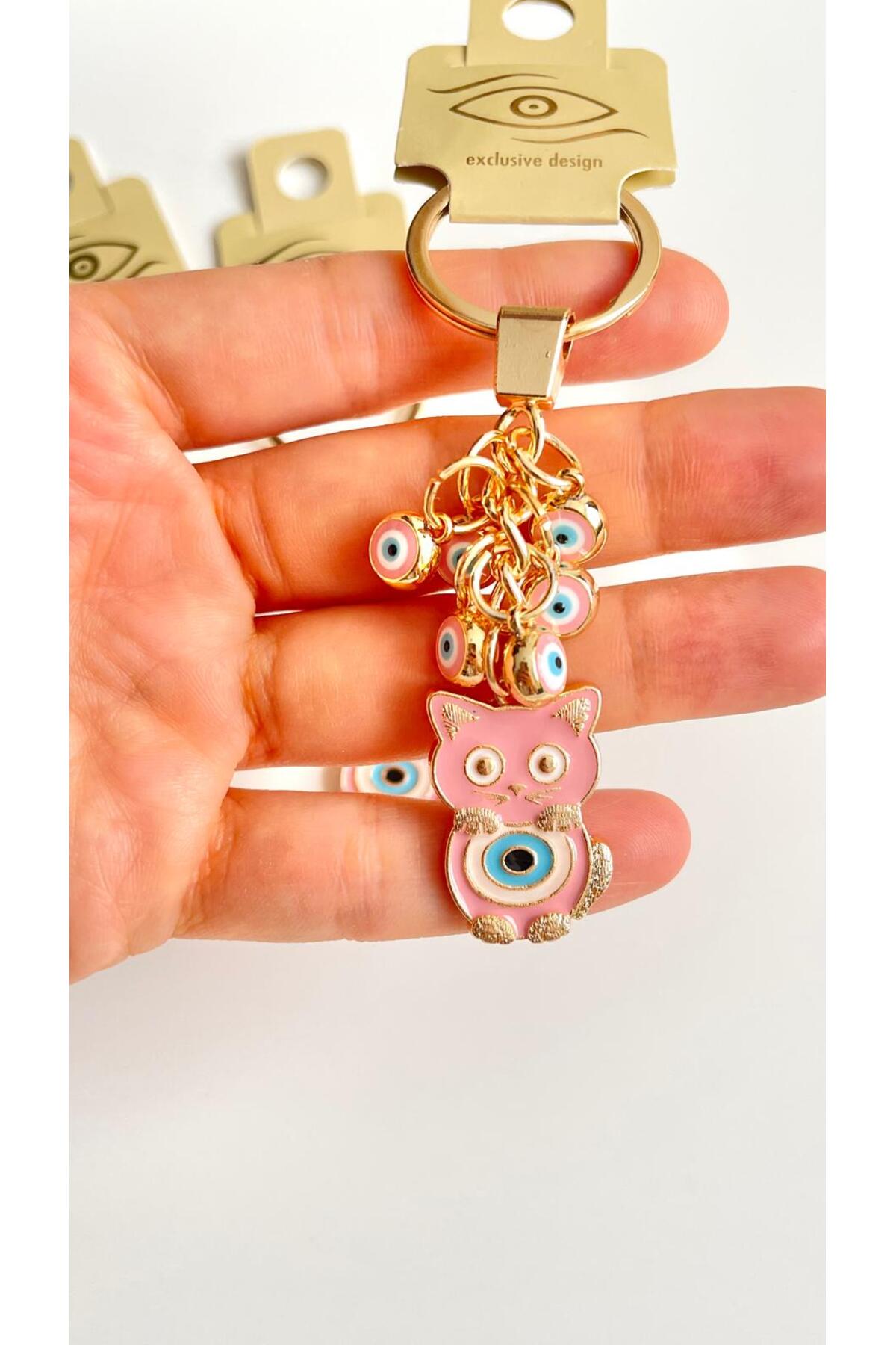 Madeleine Dangling Evil Eye Keychain - Pink Cat Evil Eye