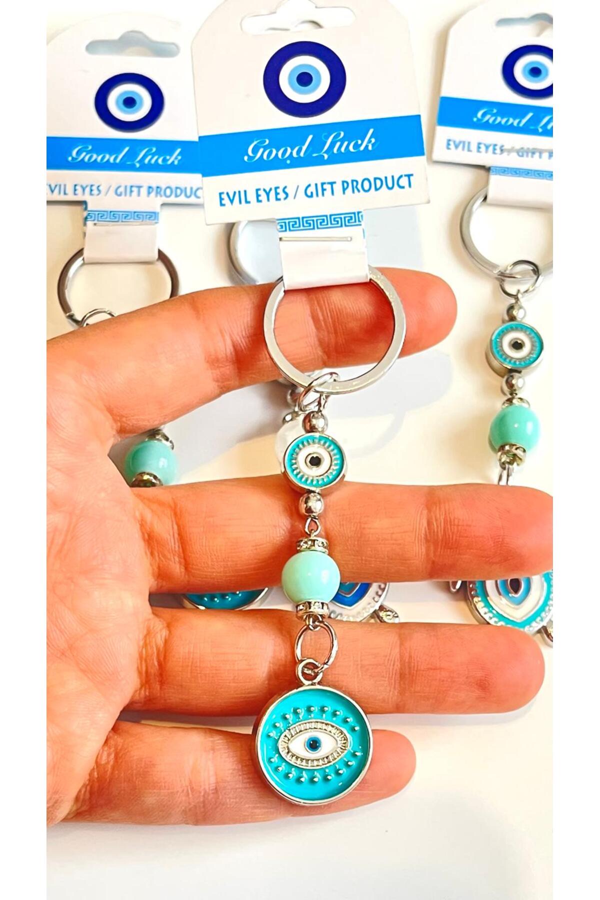 Abigail Silver-Plated Evil Eye Keychain - Round Turquoise Evil Eye Metal