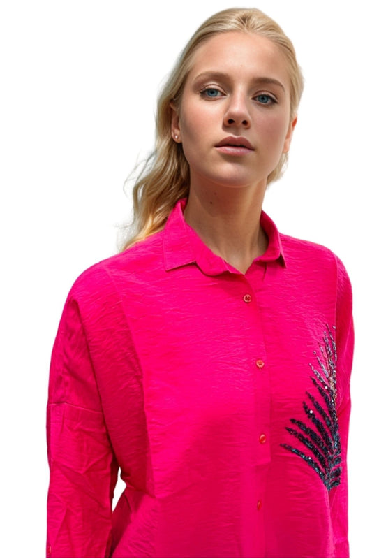 Delilah Women's Linen Oversized Embellished Long Sleeve Shirt - Fuchsia