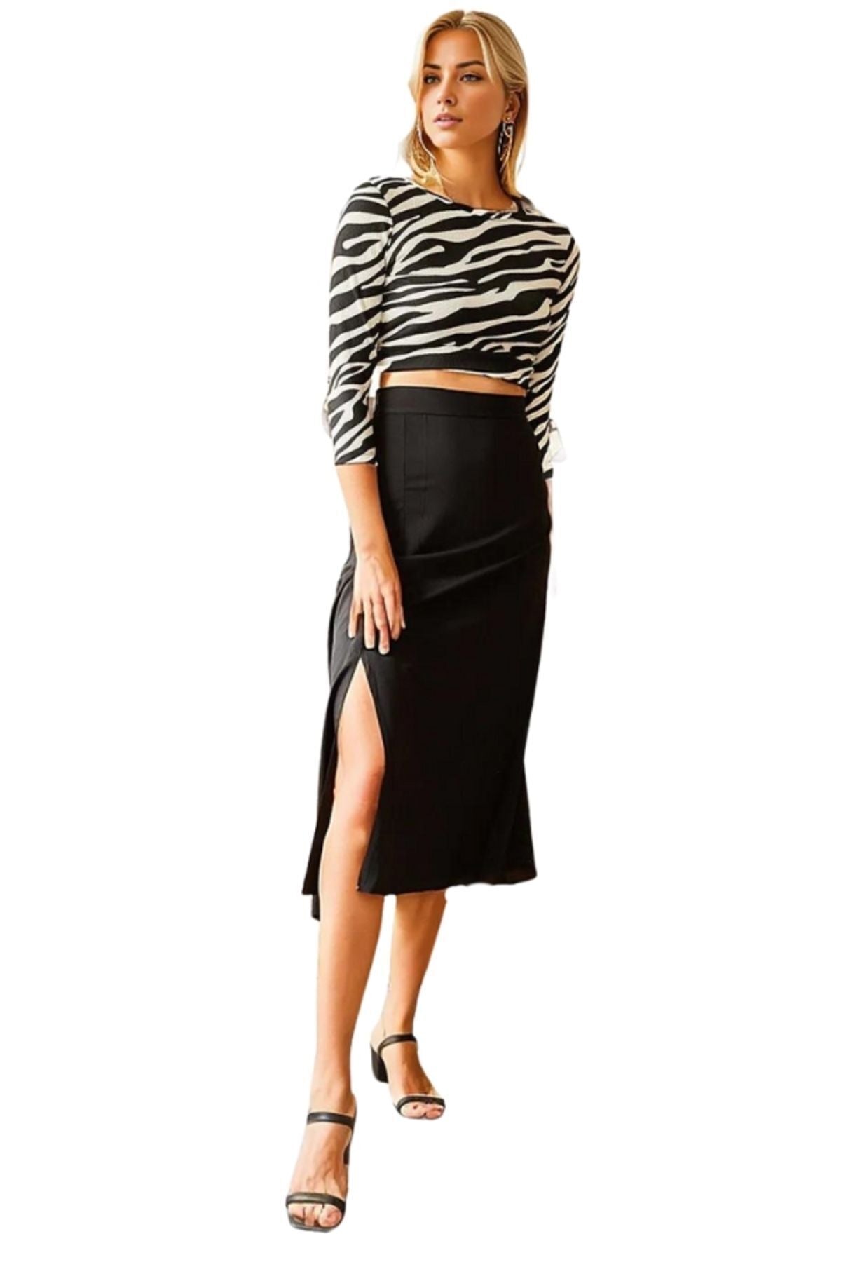 Genevieve Women's Viscose Midi Skirt with Side Slit - Solid Black