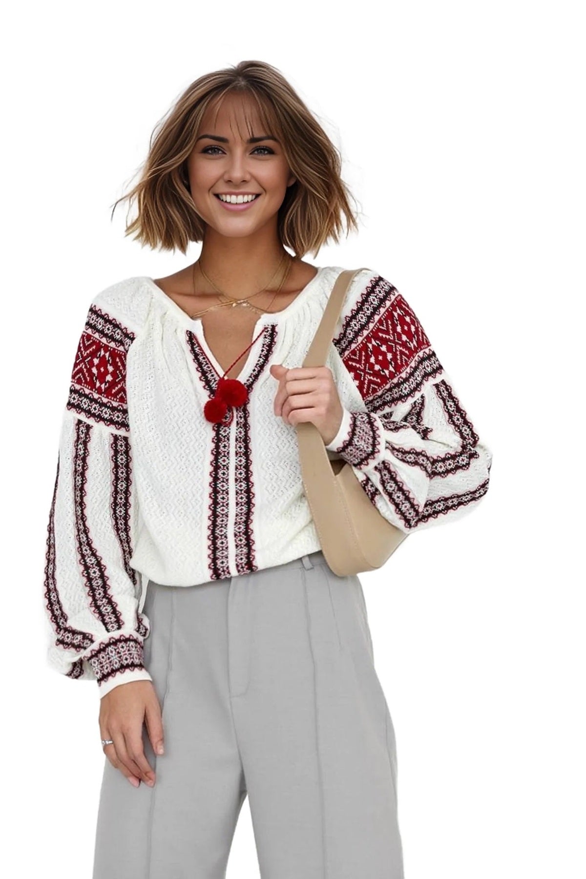 Phoebe Women's V-Neck Tassel Knit Blouse - White