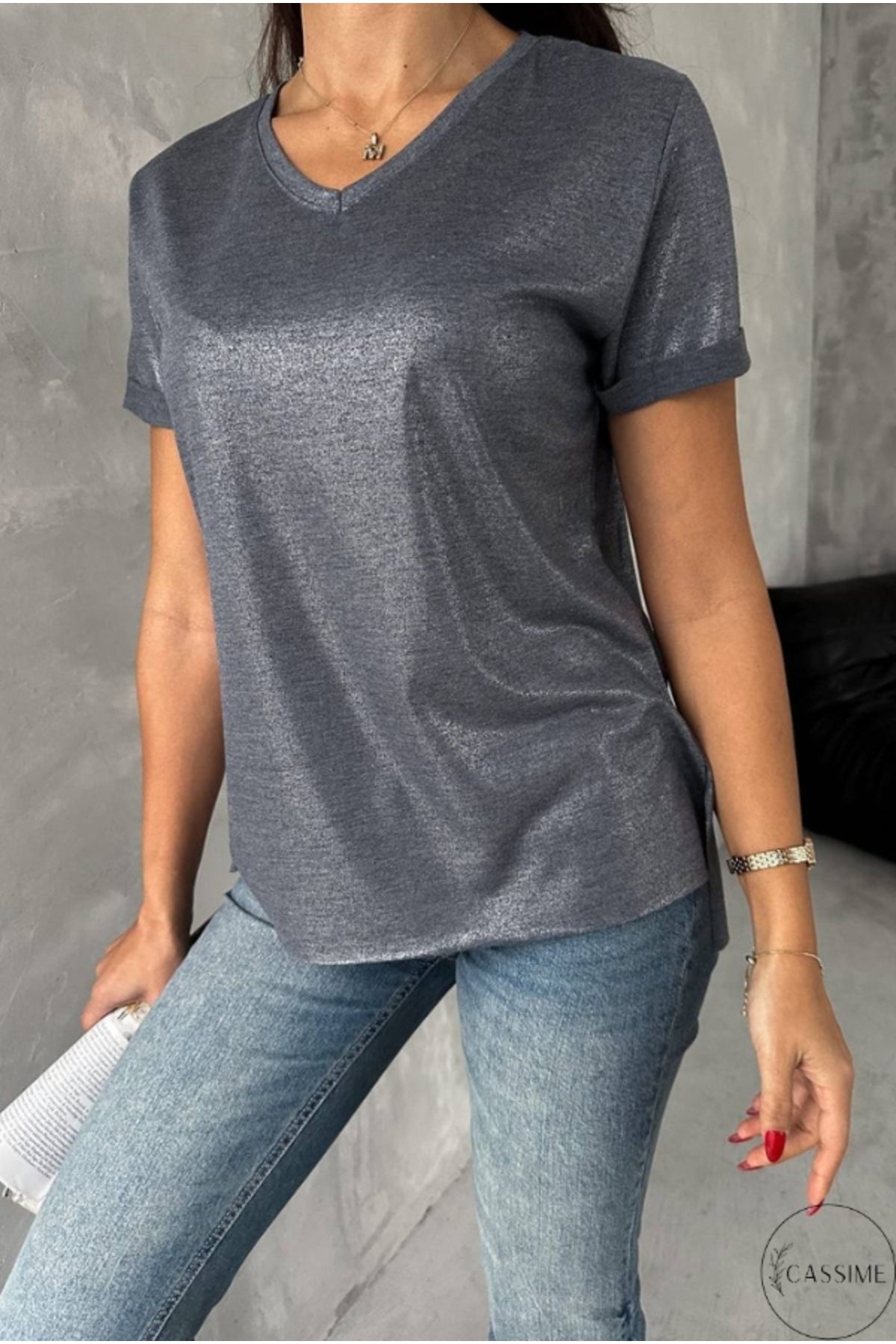 Jessica Women's Metallic V-Neck T-Shirt - Gray Metallic Shimmer