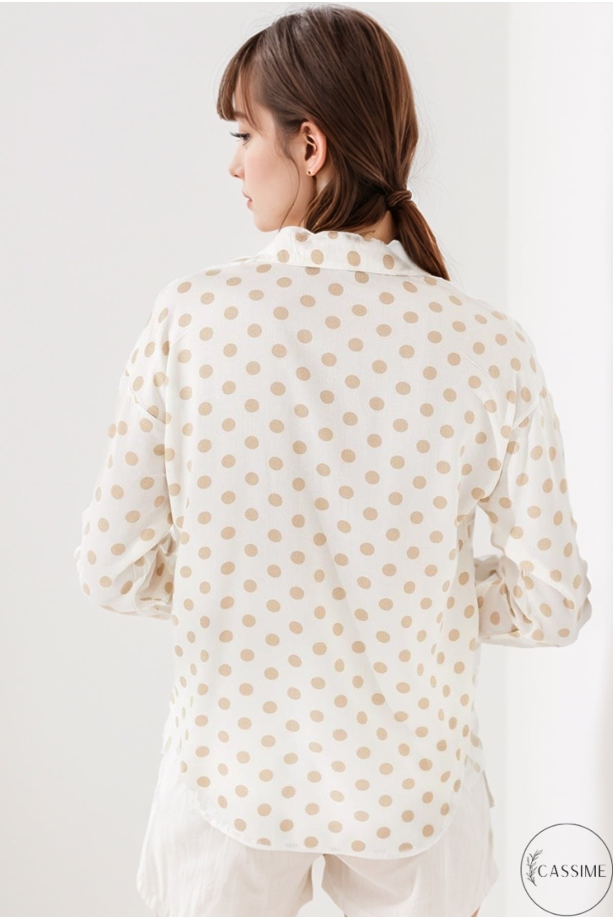 Iris Women's Viscose Relaxed Fit Pocket Shirt - Ecru with Beige Polka Dots