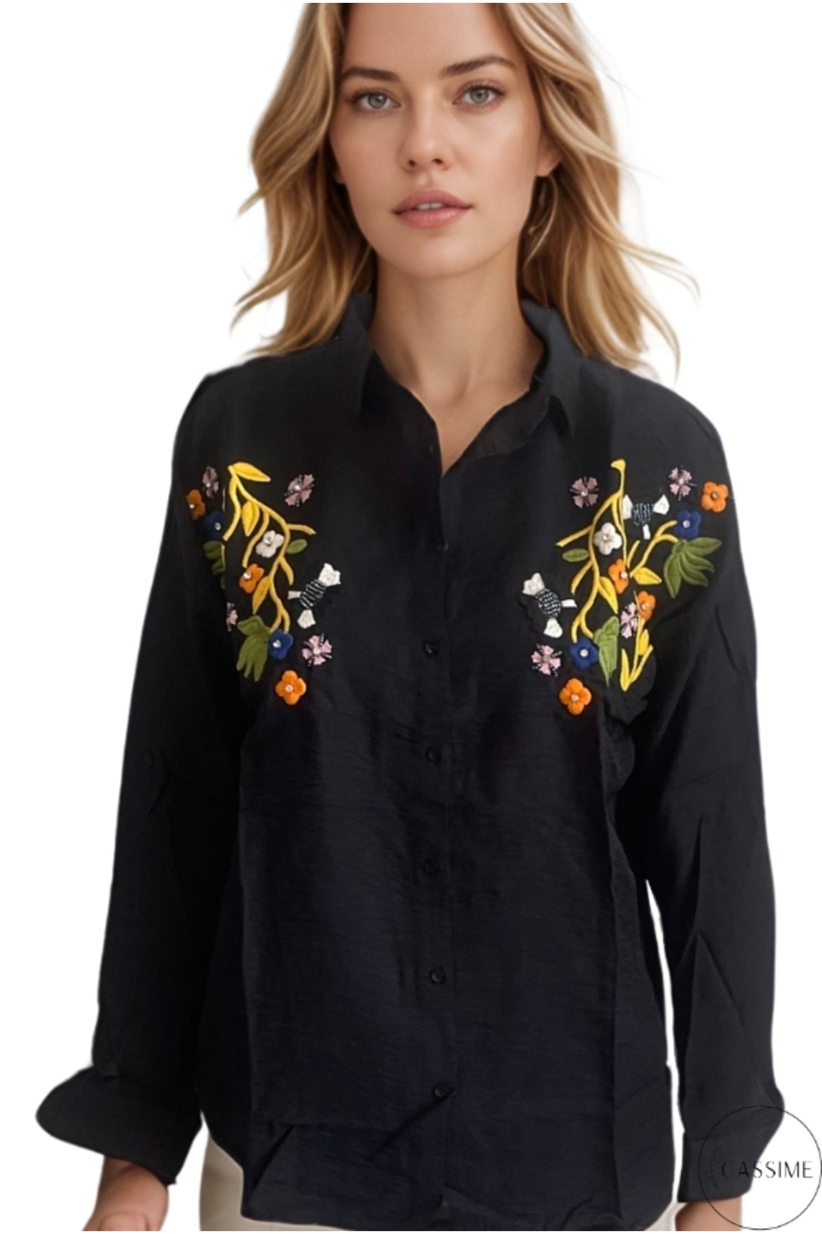 Claire Women's Floral Embellished Button-Up Shirt - Black Floral Embroidery