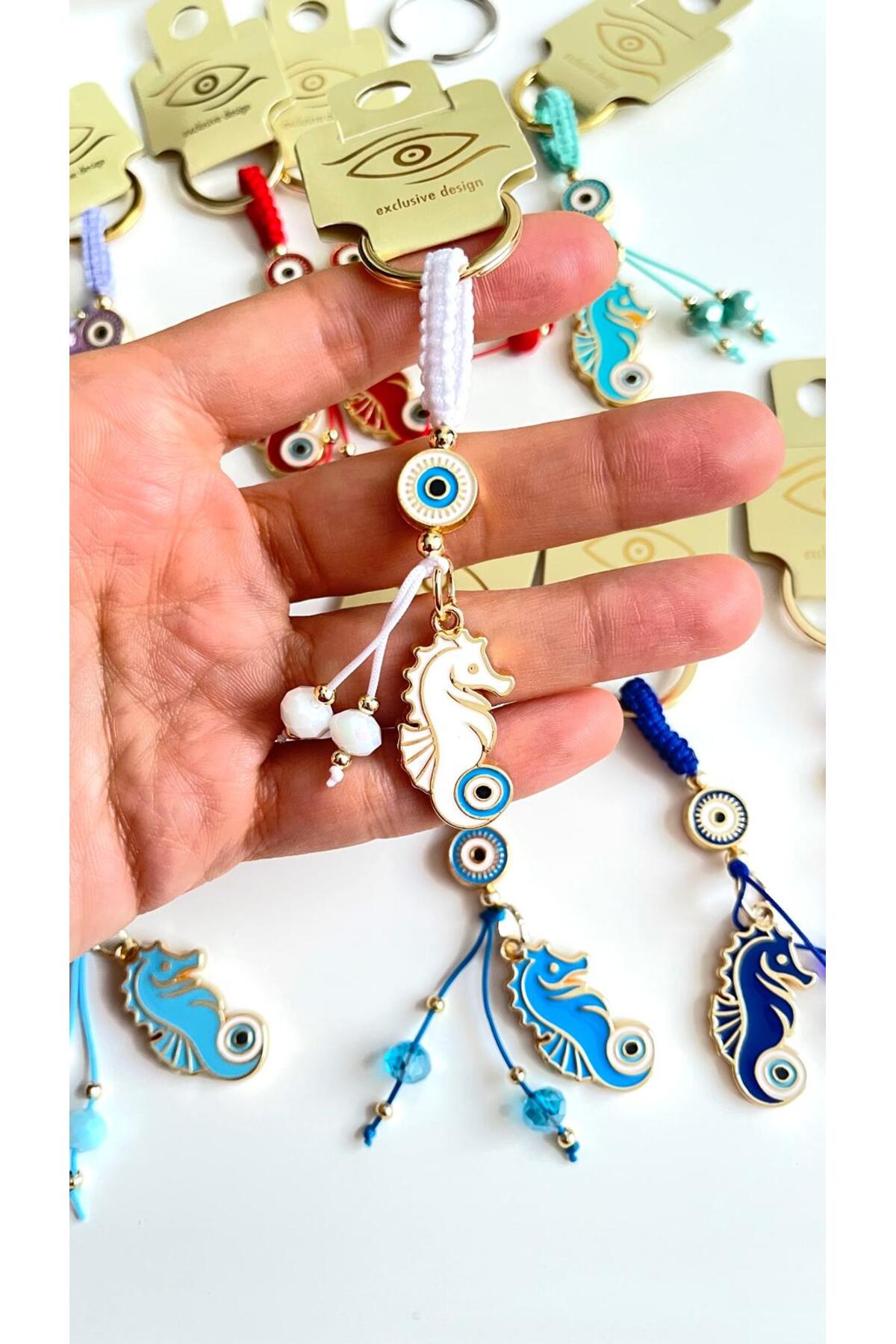 Ivy Gold-Plated Evil Eye Keychain - White Seahorse Design