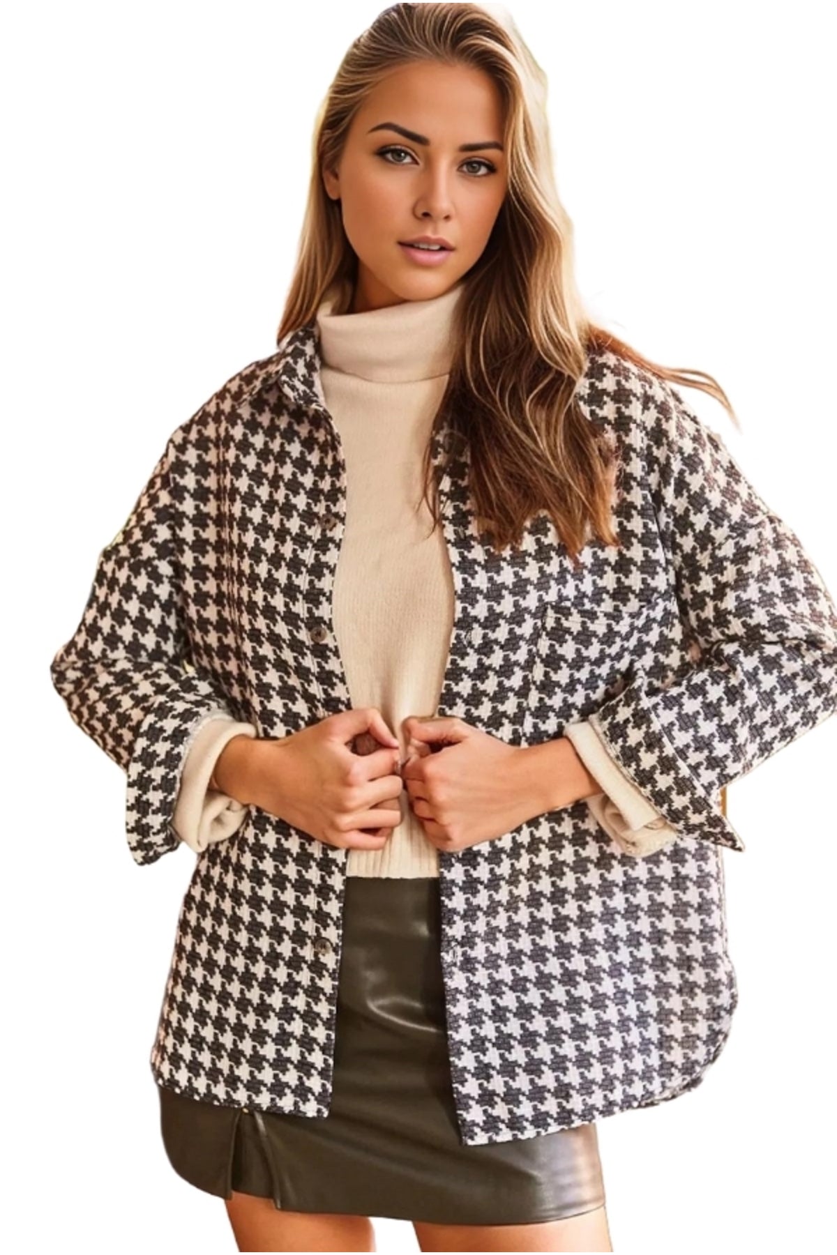 Margot Women's Oversized Houndstooth Shacket - Black Houndstooth