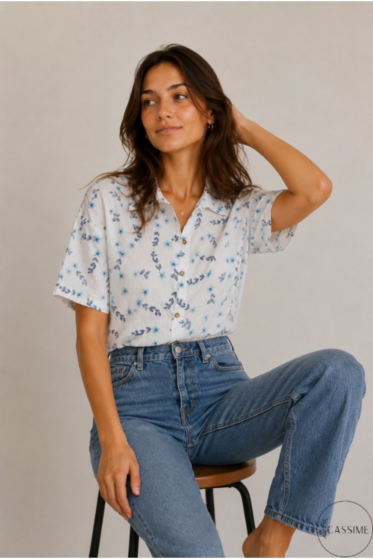 Women's Green & Blue Floral Embroidered Oversized Cotton Shirt - product photo 6