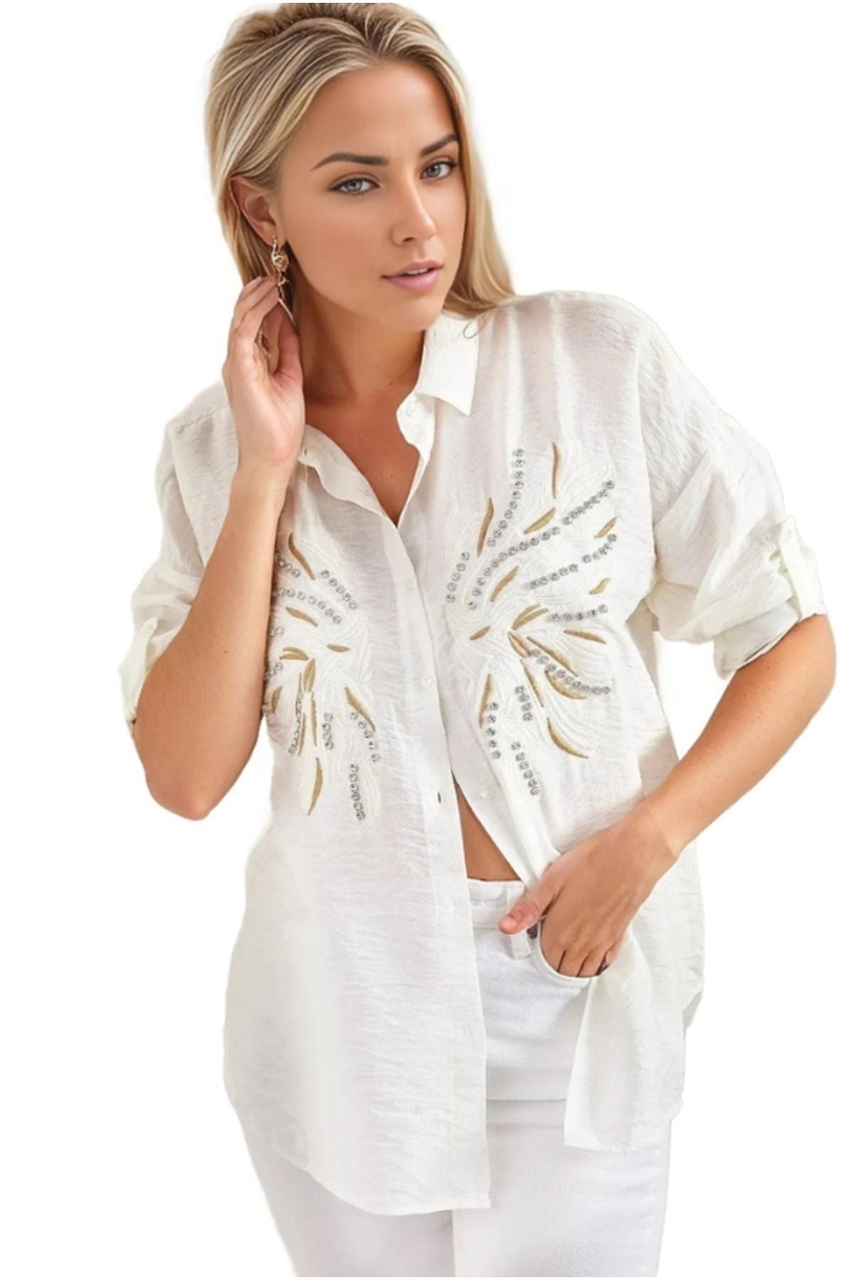 Natasha Women's Embroidered Oversized Shirt - Off-White