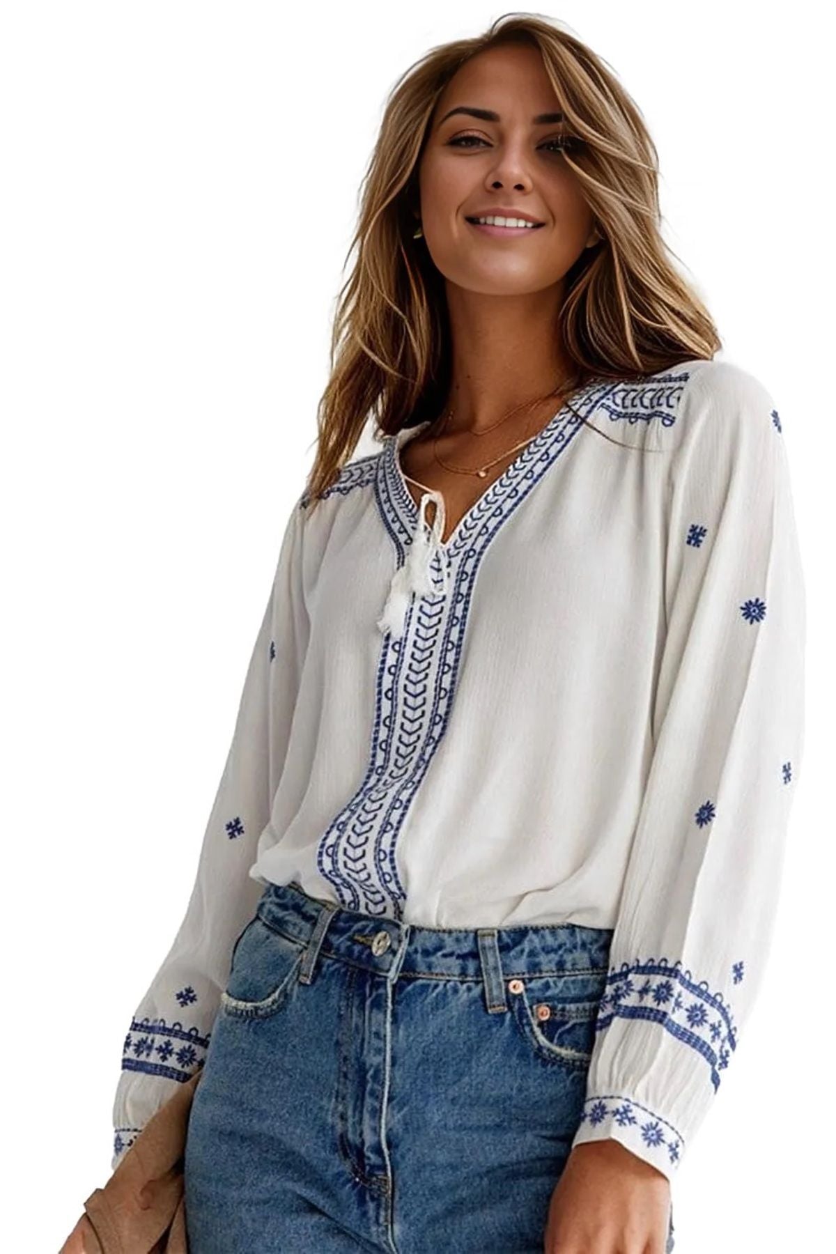 Dorothy Women's V-Neck Tie-Front Embroidered Blouse - White