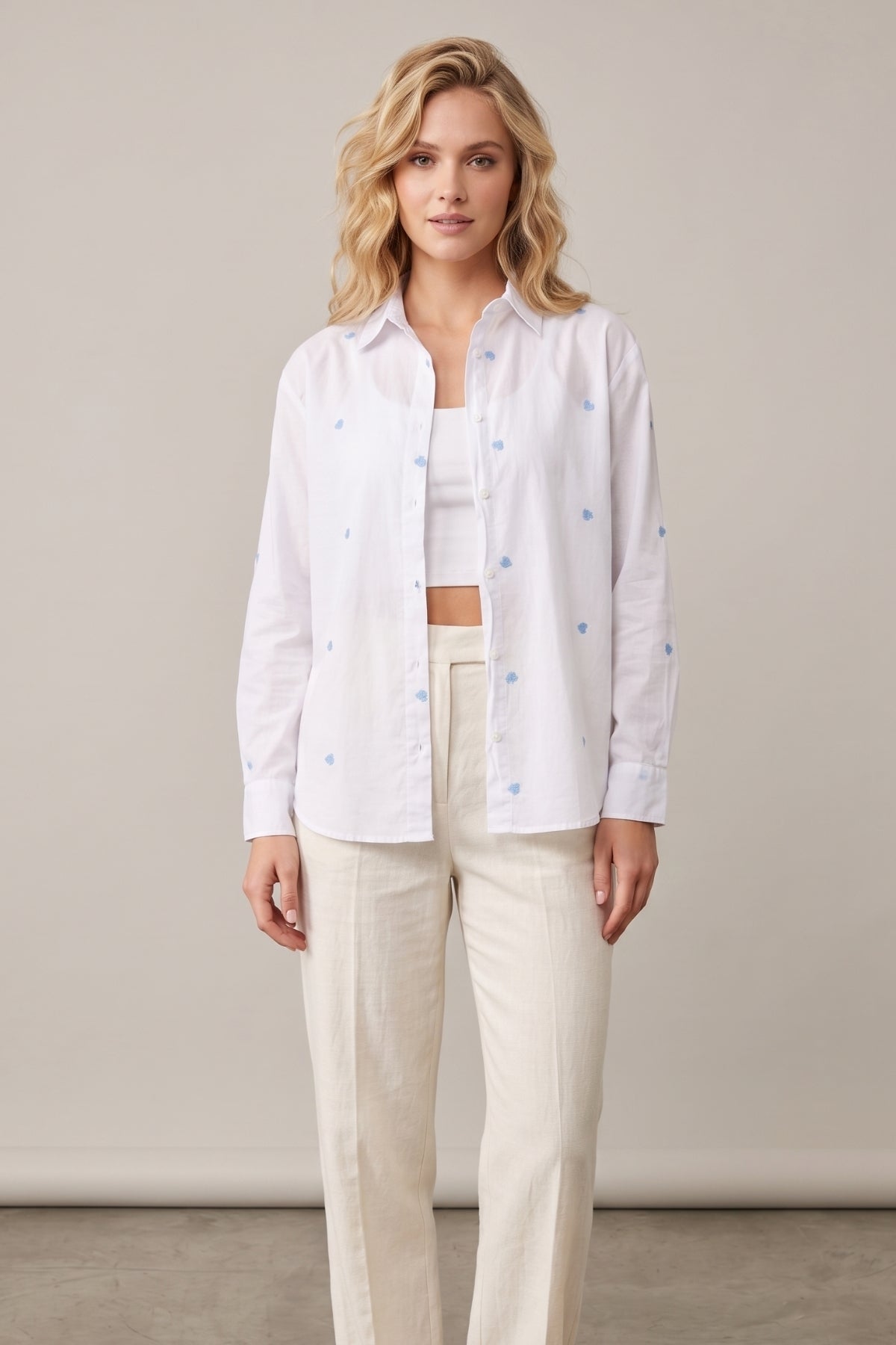 Ella Women's Cotton Embroidered Button-Up Shirt - White with Blue Hearts