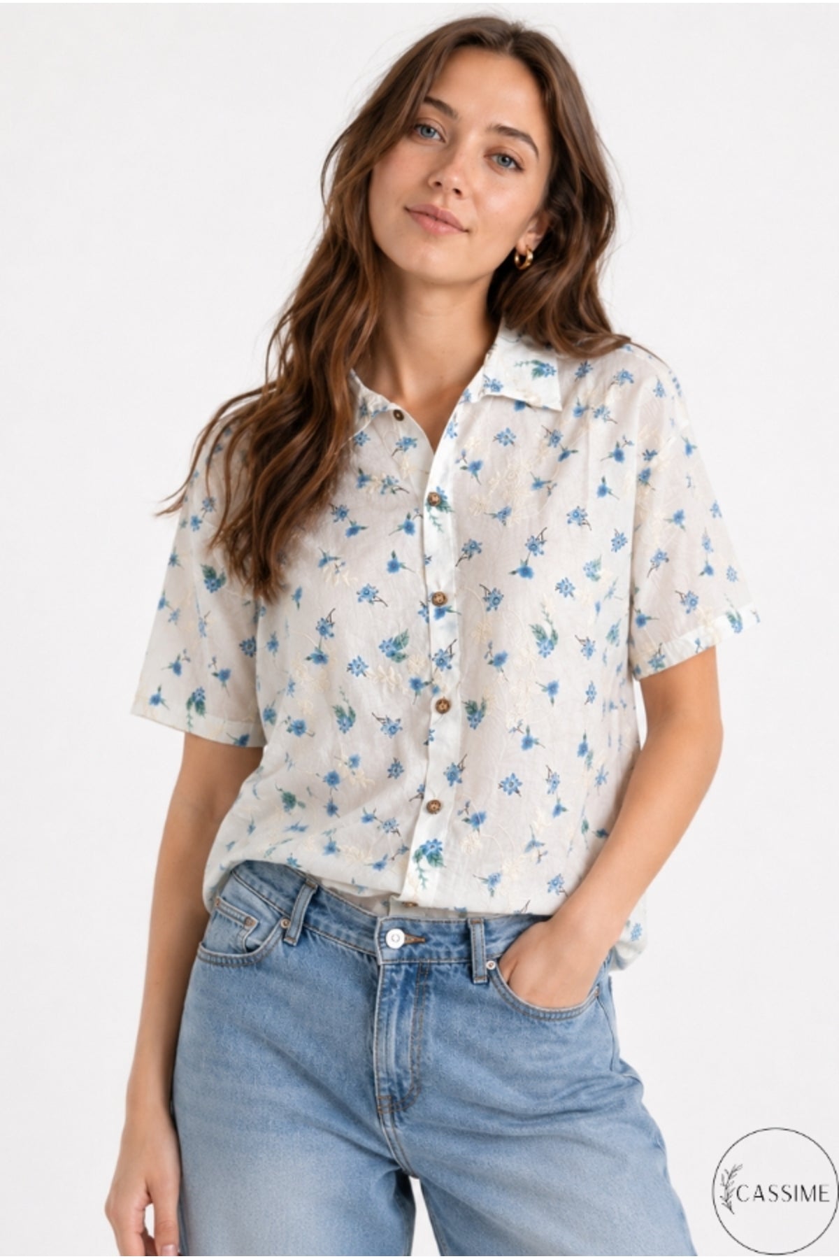 Women's blue mini floral cotton shirt - view 2
