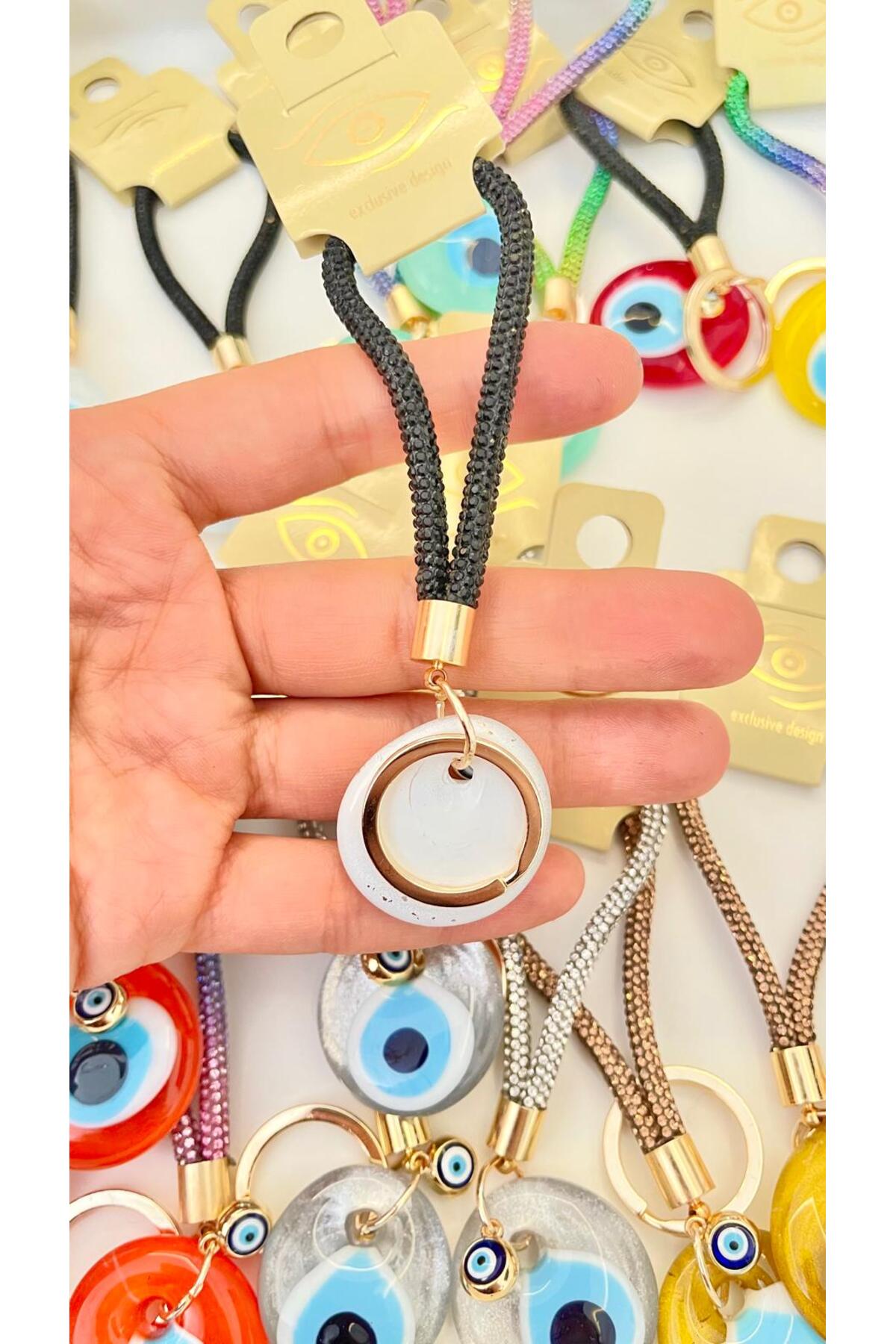 Meredith Glass Evil Eye Cord Charm - White Glass Black Cord