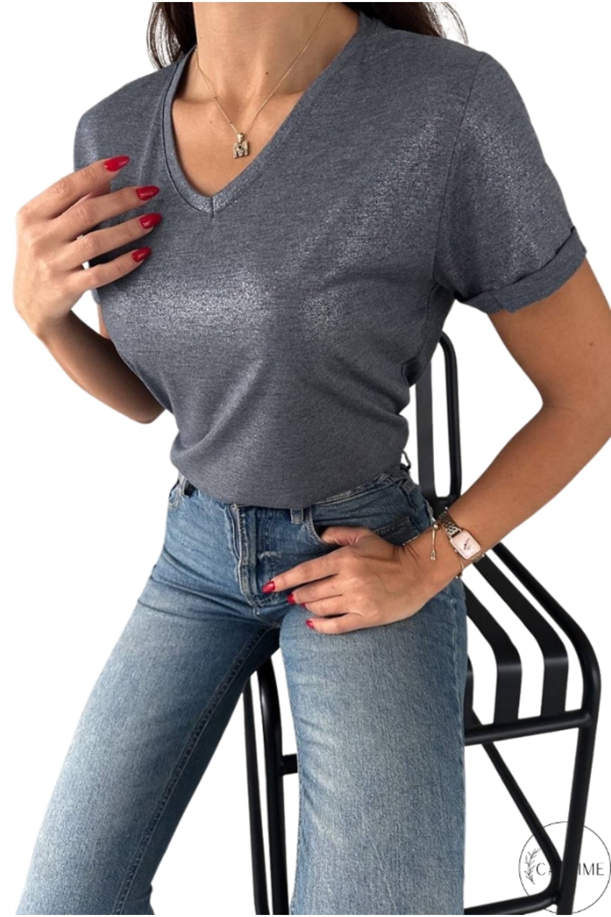 Jessica Women's Metallic V-Neck T-Shirt - Gray Metallic Shimmer