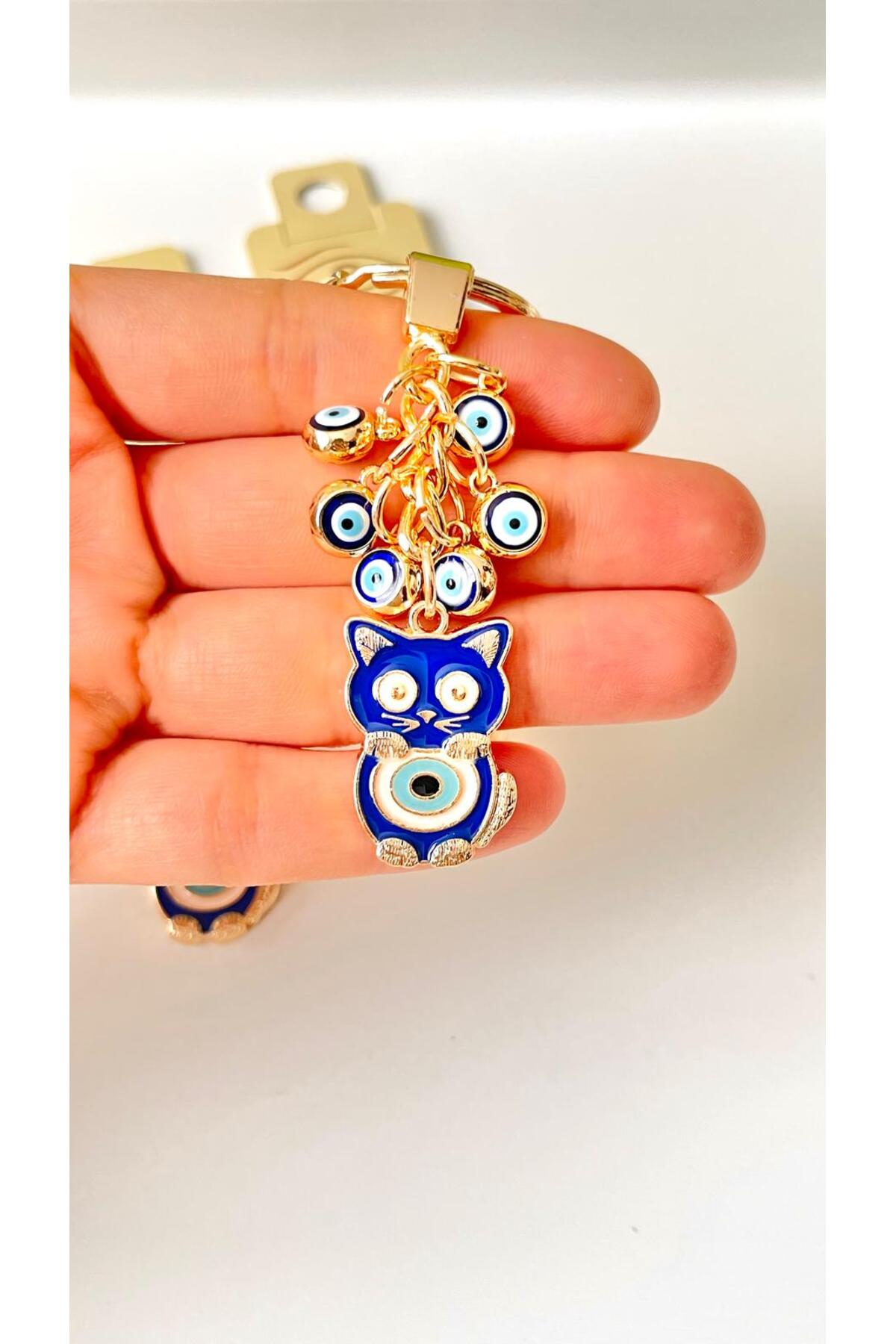 Madeleine Dangling Evil Eye Keychain - Navy Cat Design