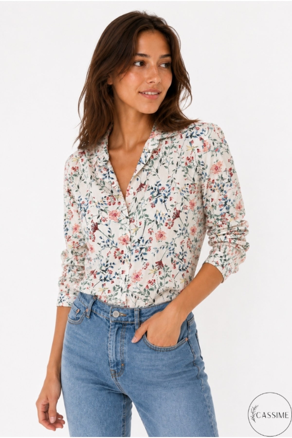 Amelia Women's Viscose Long Sleeve Button-Up Shirt - Mini Pink Floral