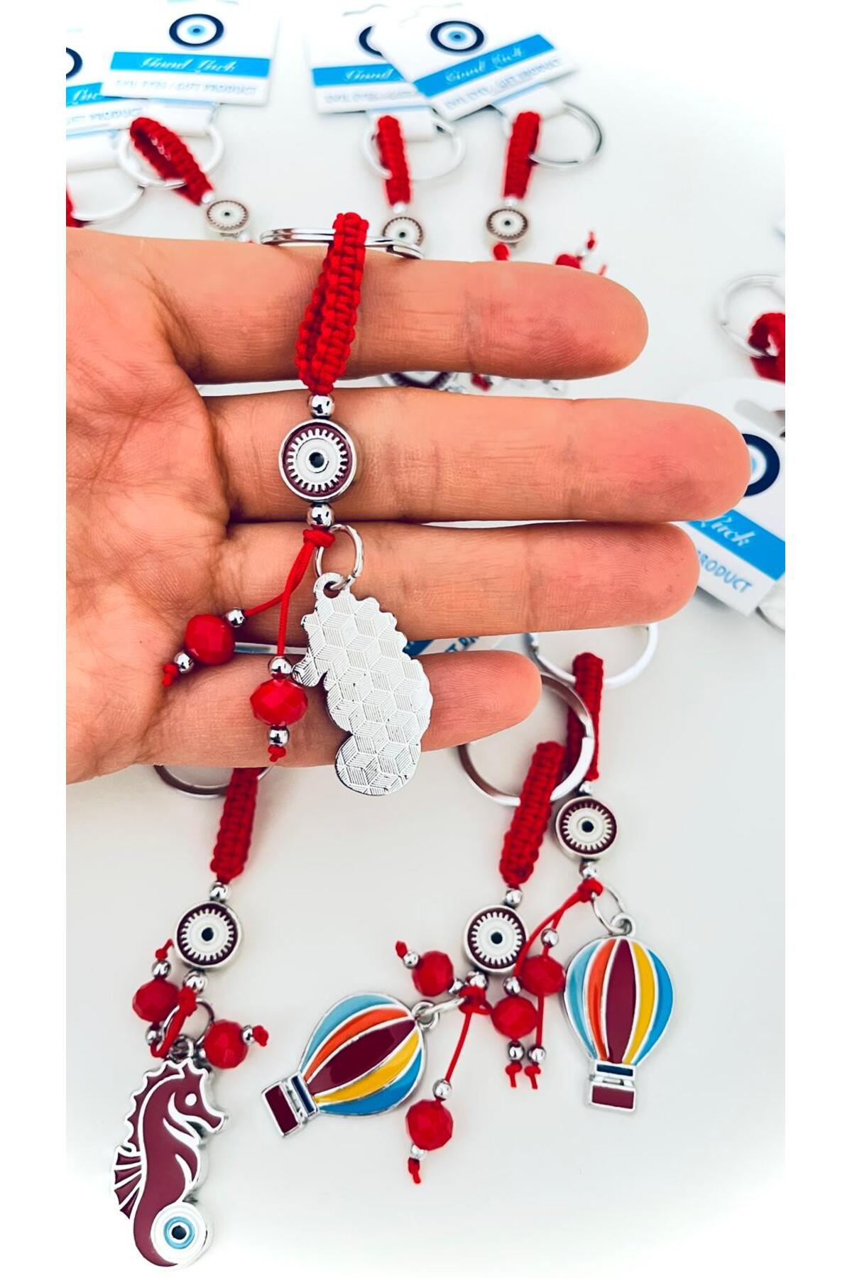 Abigail Silver-Plated Evil Eye Keychain - Red Seahorse Design