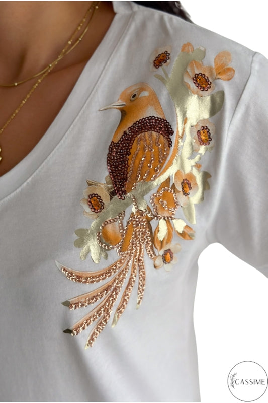 Olivia Women's Cotton Plus Size Embellished V-Neck T-Shirt - White with Gold Bird Embroidery