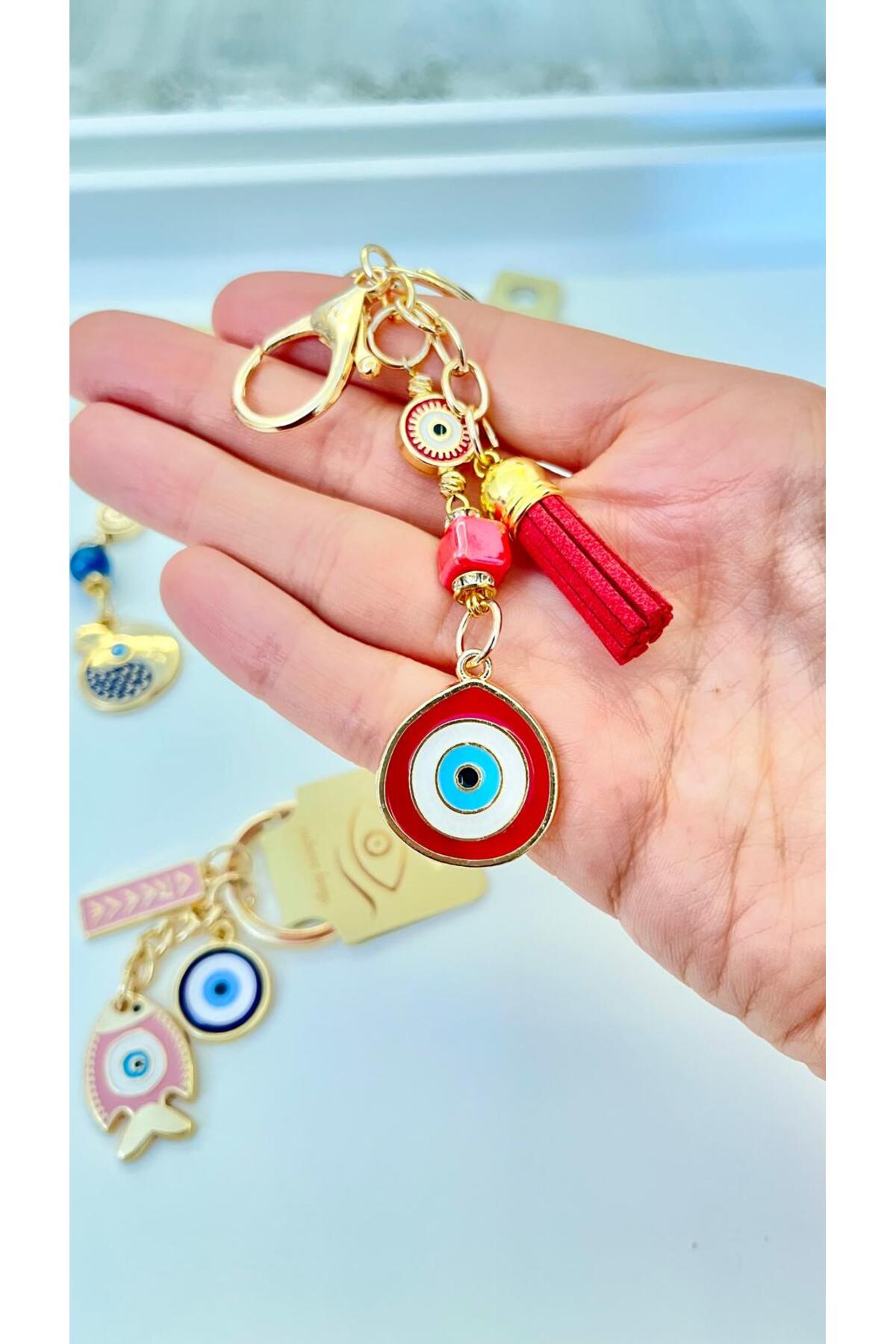Hannah Gold-Plated Bodrum Bead Keychain - Red Teardrop
