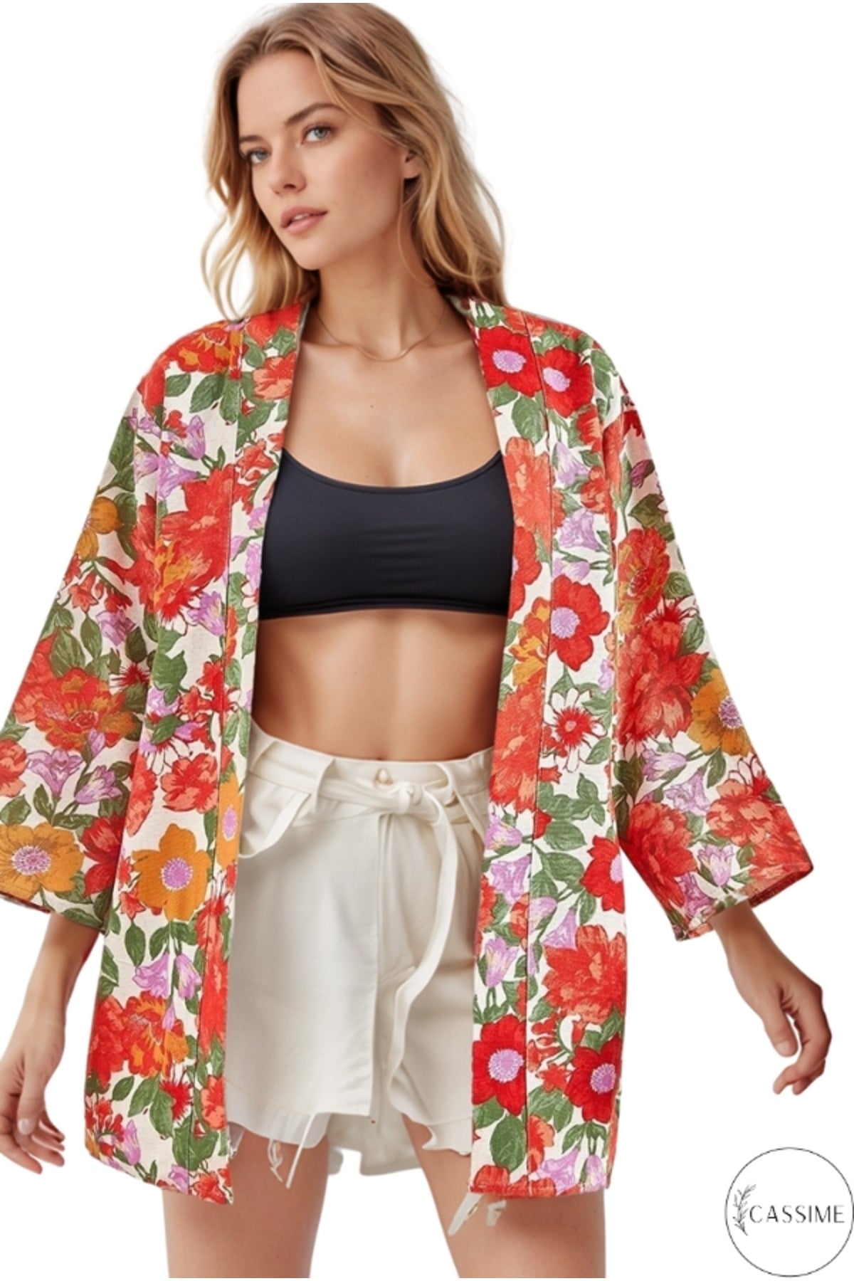 Catherine Women's Linen-Viscose Blend Relaxed Fit Kimono - Bright Red Floral