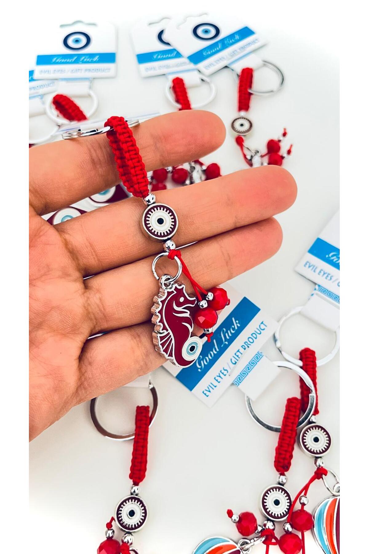 Abigail Silver-Plated Evil Eye Keychain - Red Seahorse Design