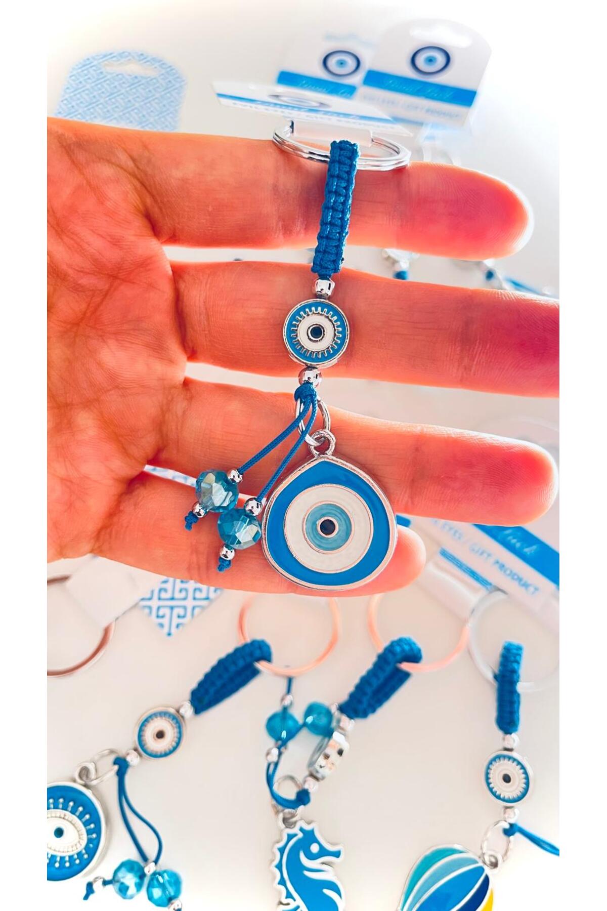 Abigail Silver-Plated Evil Eye Keychain - Blue Teardrop Evil Eye Design
