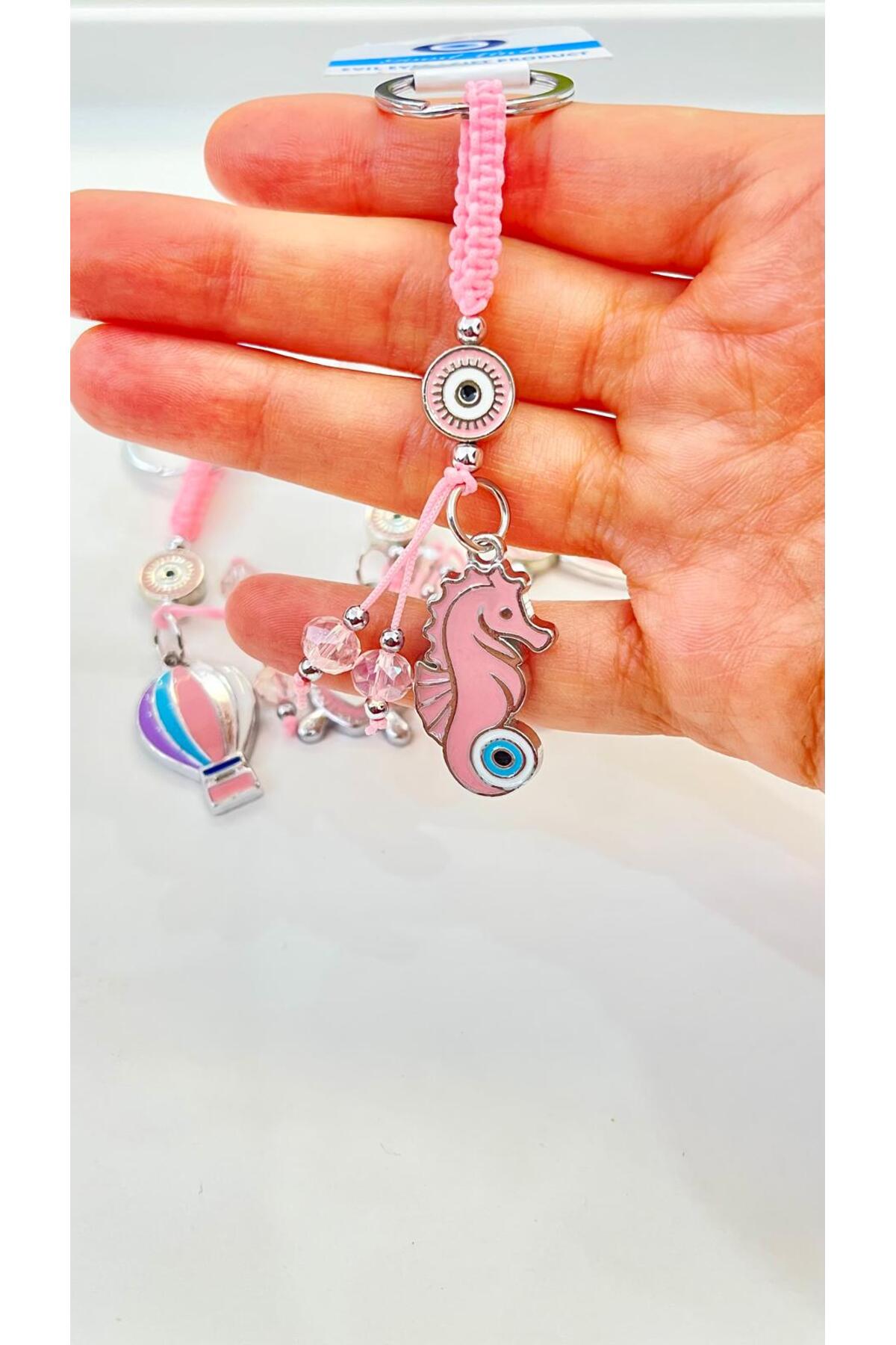 Abigail Silver-Plated Evil Eye Keychain - Pink Seahorse