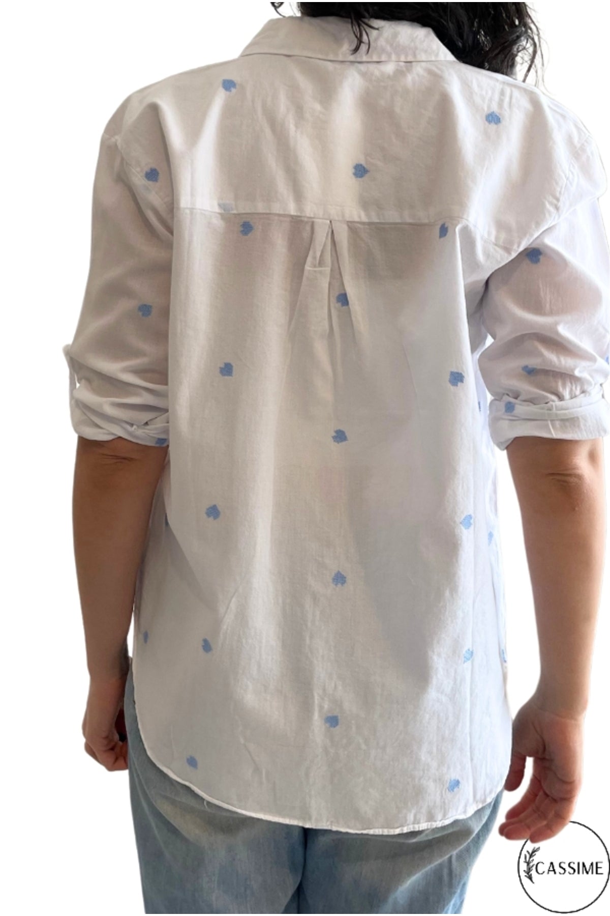 Ella Women's Cotton Embroidered Button-Up Shirt - White with Blue Hearts