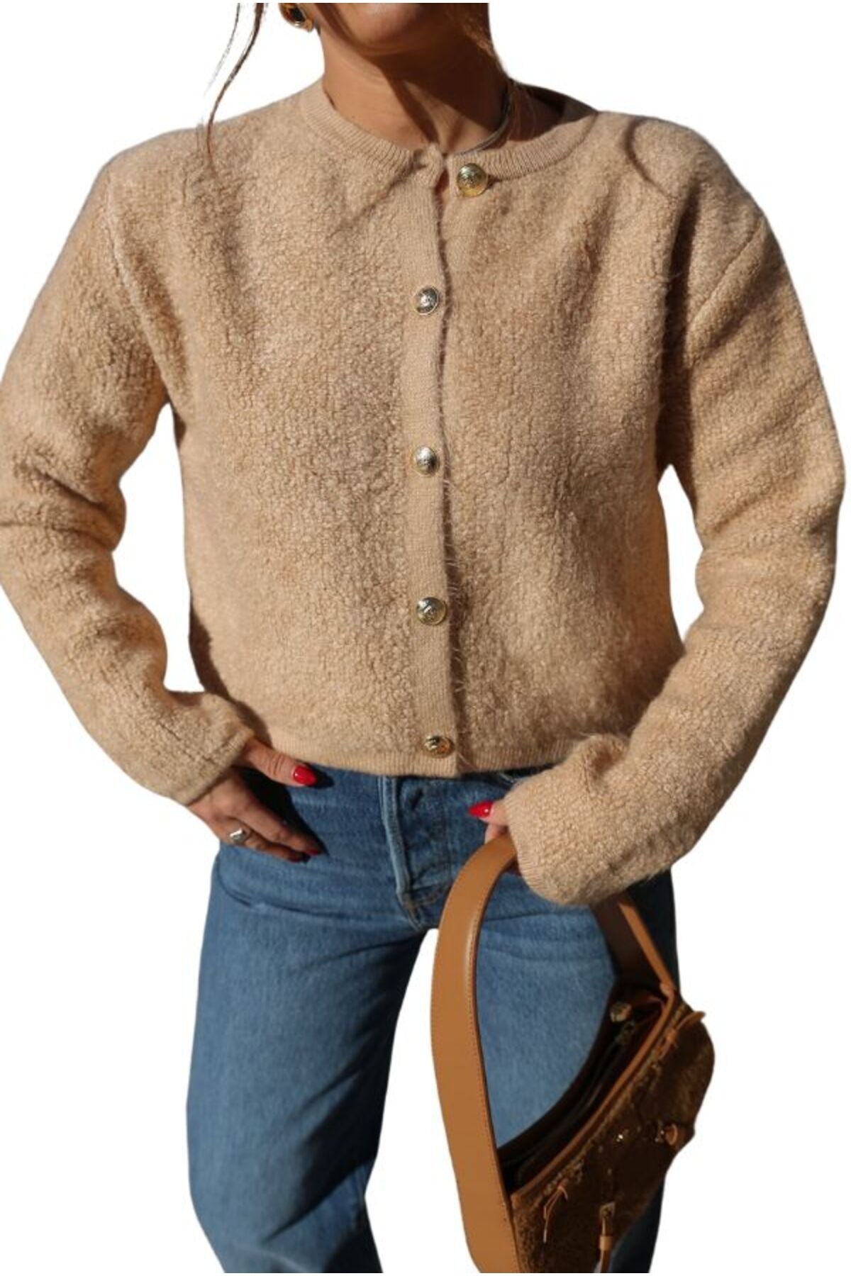 Kayla Women's Gold-Tone Button Teddy Cardigan - Beige