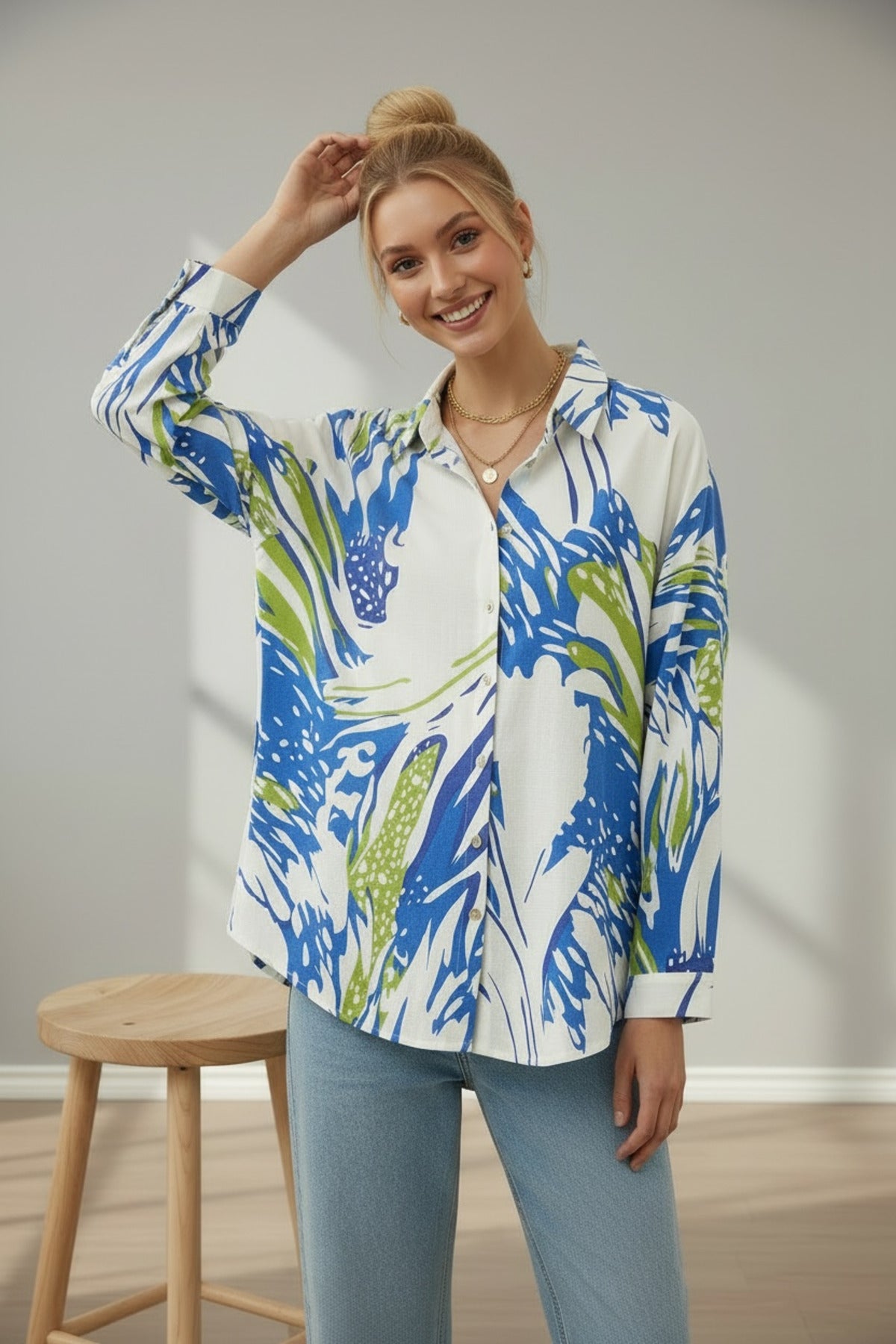 Emilia Women's Linen Blend Oversized Printed Shirt - White and Blue Green