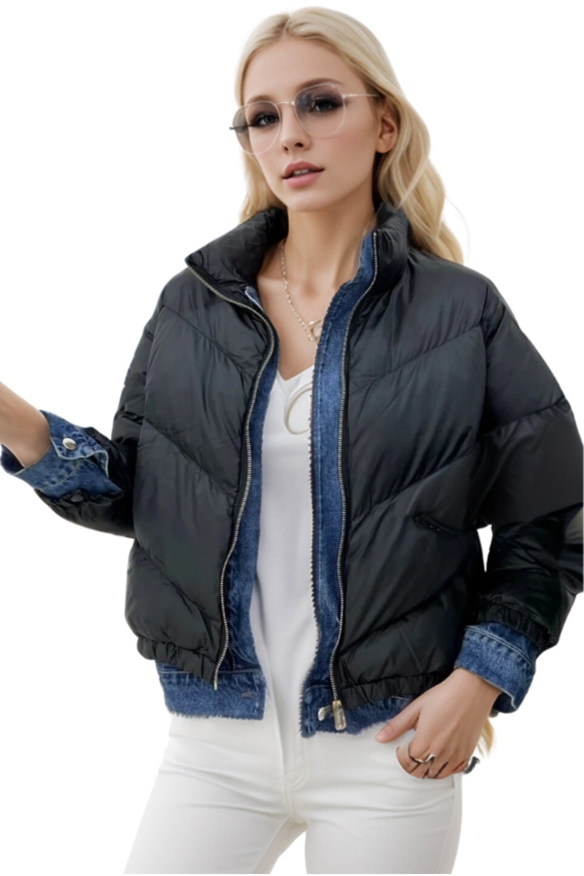 Joanna Women's Denim Detail Puffer Jacket - Black