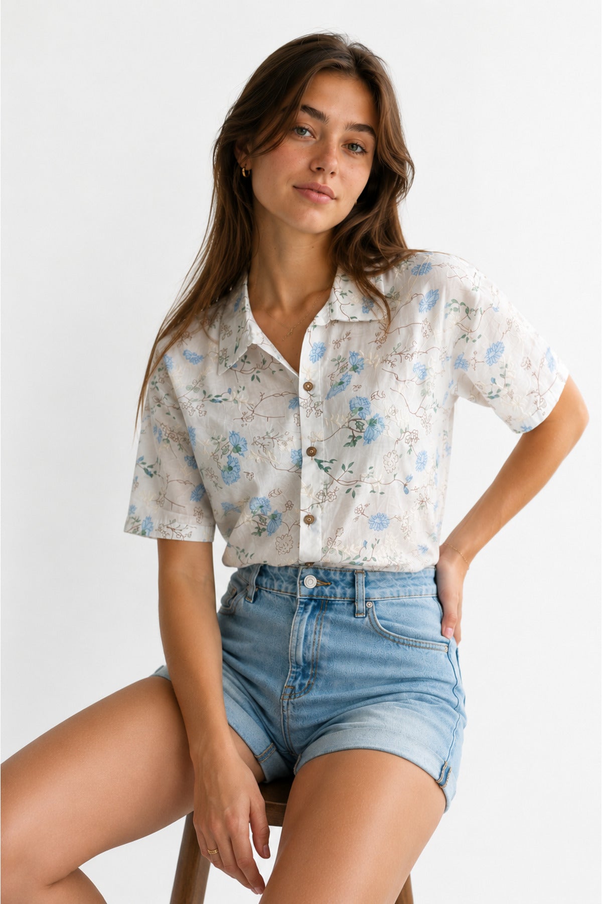 Women's blue lotus floral embroidered short sleeve shirt - view 6