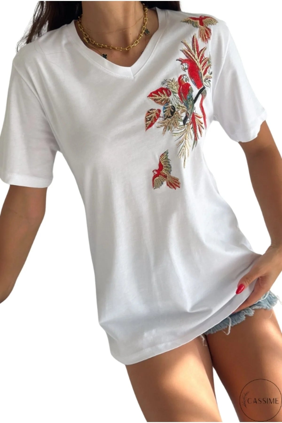 Tilda White Parrot Floral Design Cotton T-Shirt