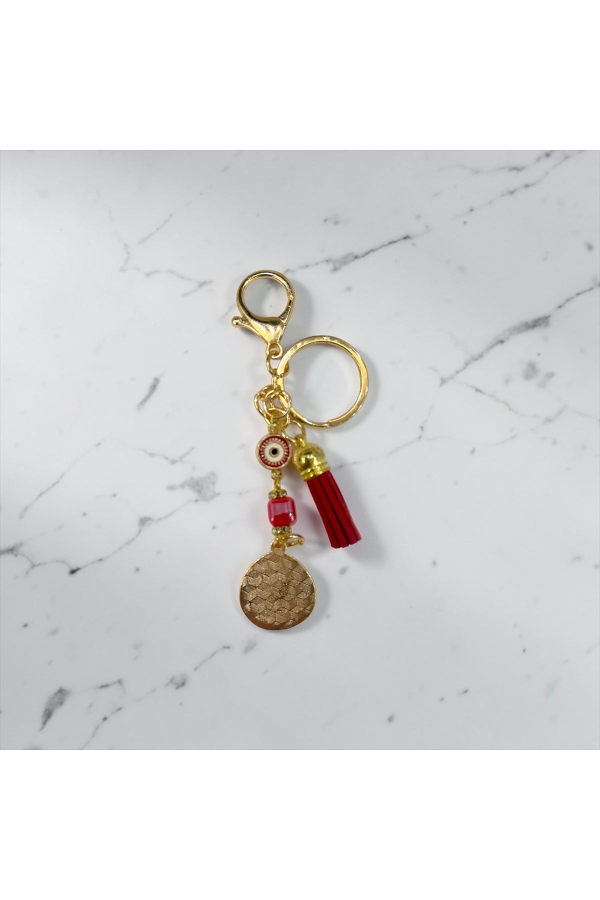Shannon Gold-Plated Evil Eye Tassel Keychain - Red Teardrop Tassel